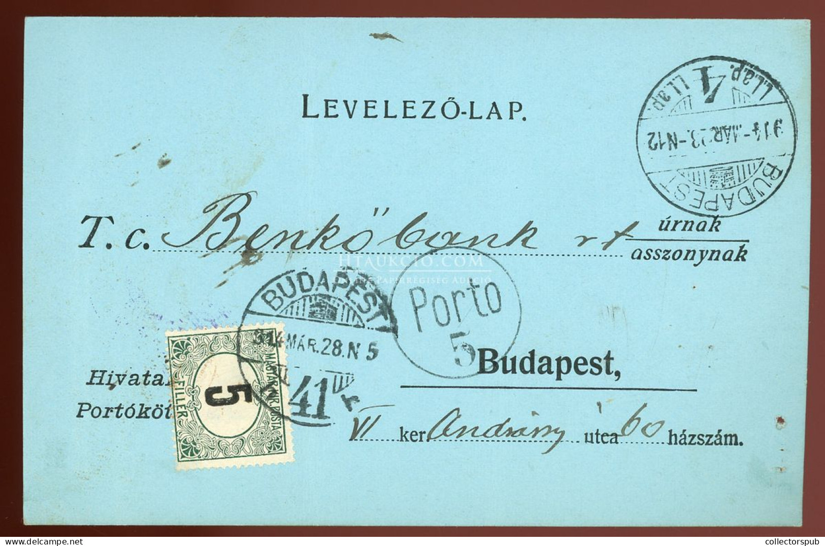 BUDAPEST 1914. Helyi Levlap 5f Portózással és Portó Bélyegzéssel - Oblitérés