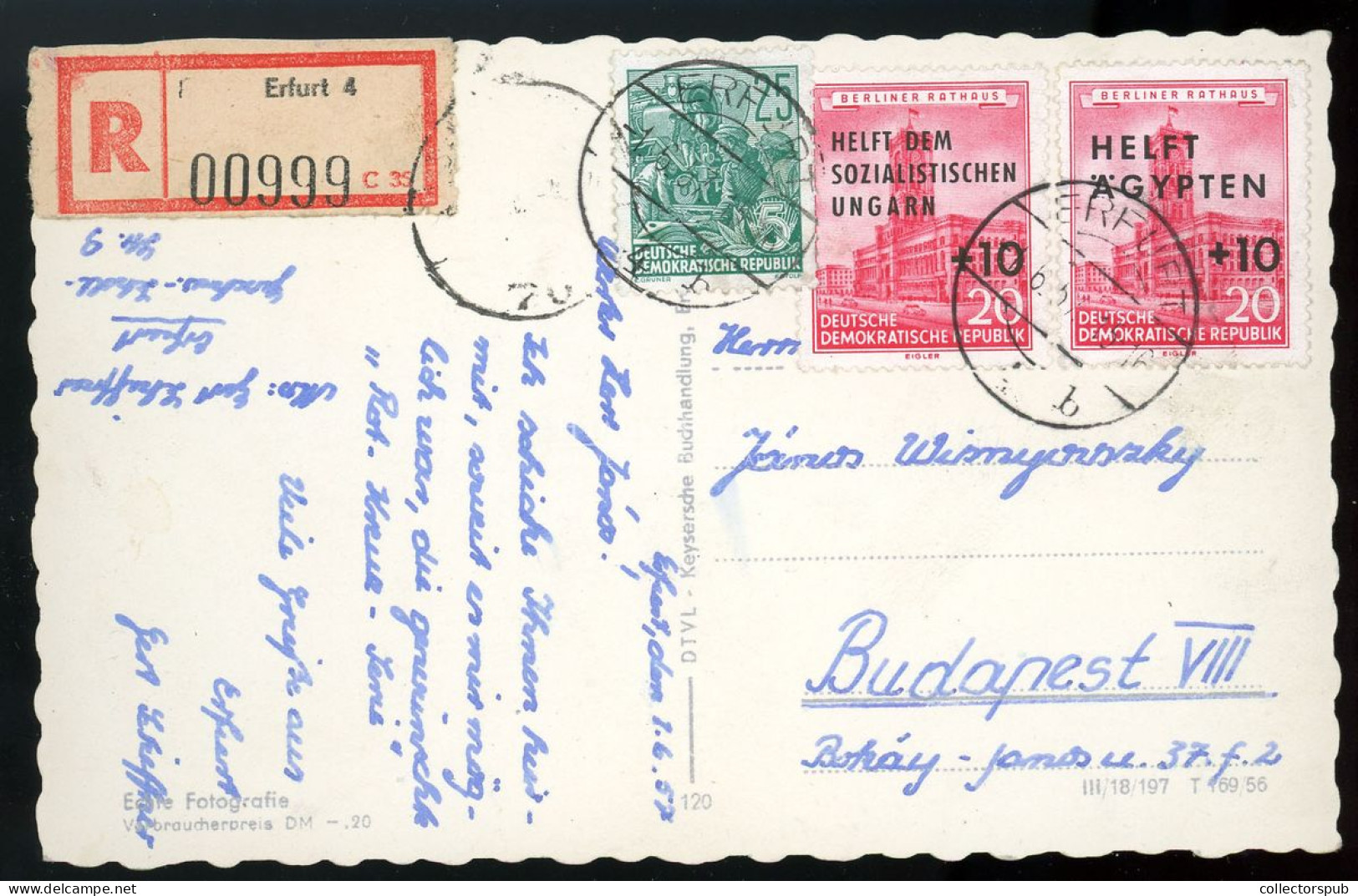 ERFURT 1957. Ajánlott Képeslap, Magyar Segélybélyeggel Budapestre. Hungarica. - Used Stamps