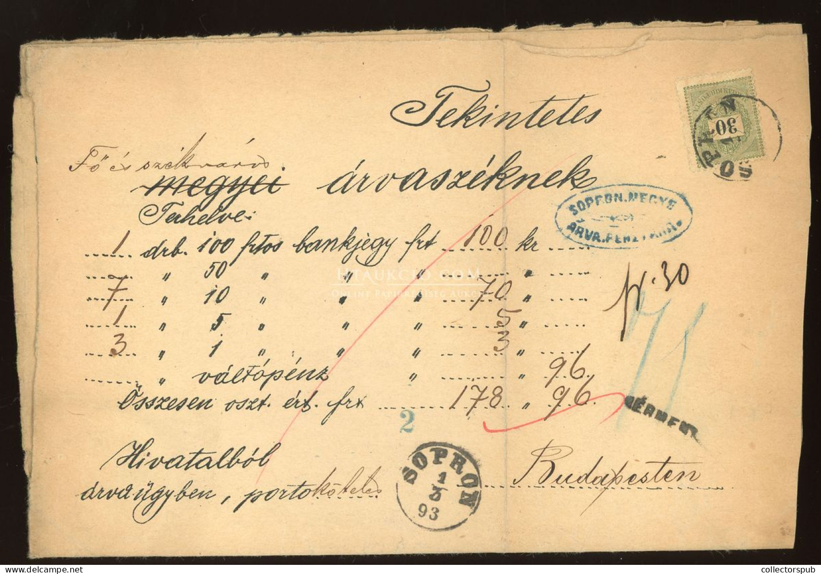 SOPRON 1893. Értéklevél 30Kr-ral Budapestre Küldve - Used Stamps