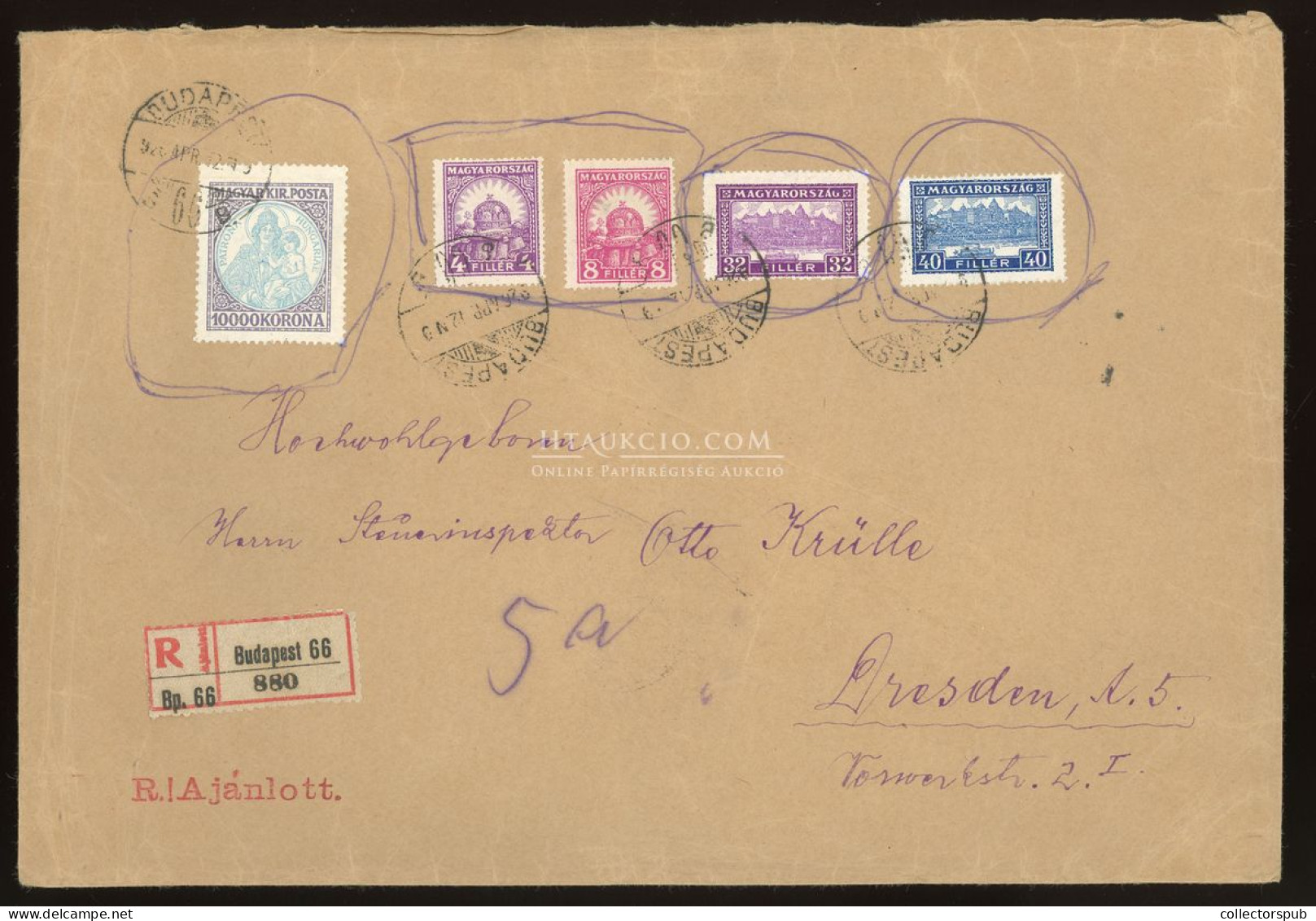 BUDAPEST 1926. Rendkívűl Ritka Korona-Fillér Vegyes Bérmentesítésű Ajánlott Levél Drezdába! ( Egy Barom összefirkálta) - Used Stamps