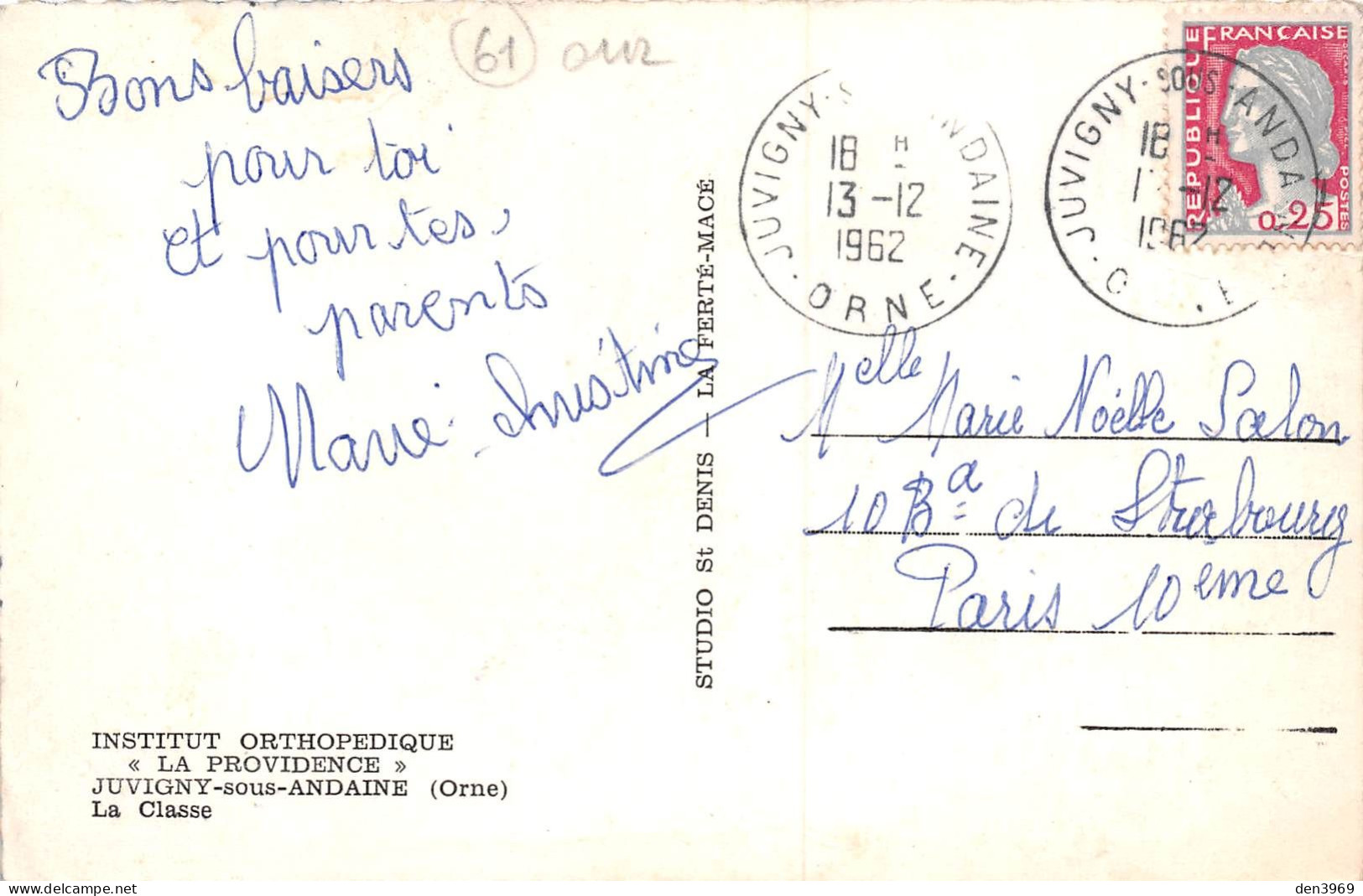 JUVIGNY-sous-ANDAINE (Orne) - Institut Orthopédique La Providence - La Classe - Voyagé 1962 (2 Scans) - Juvigny Sous Andaine