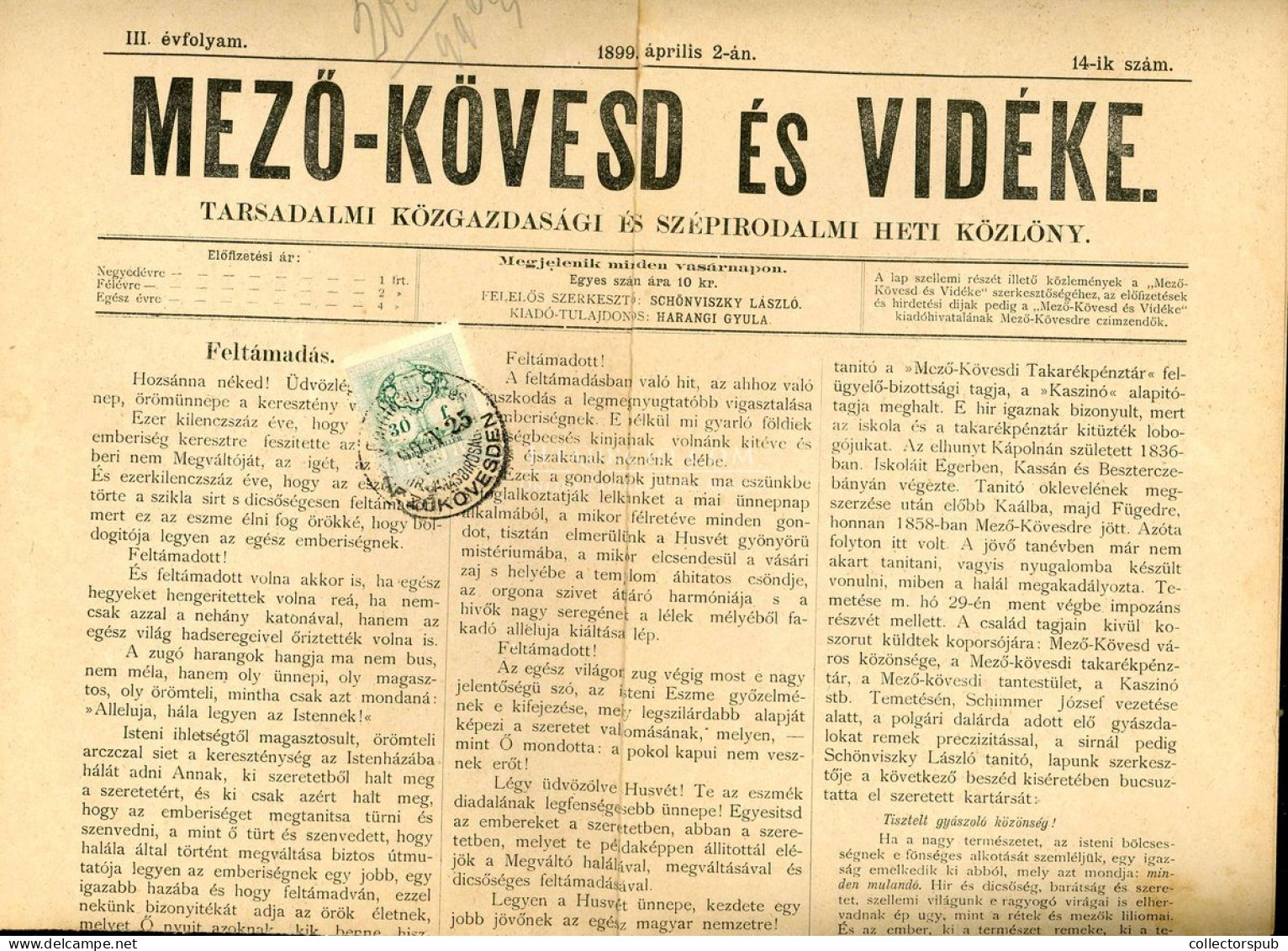 MEZŐKÖVESD és VIDÉKE 1899. Komplett Szám, Okmánybélyeggel - Sin Clasificación