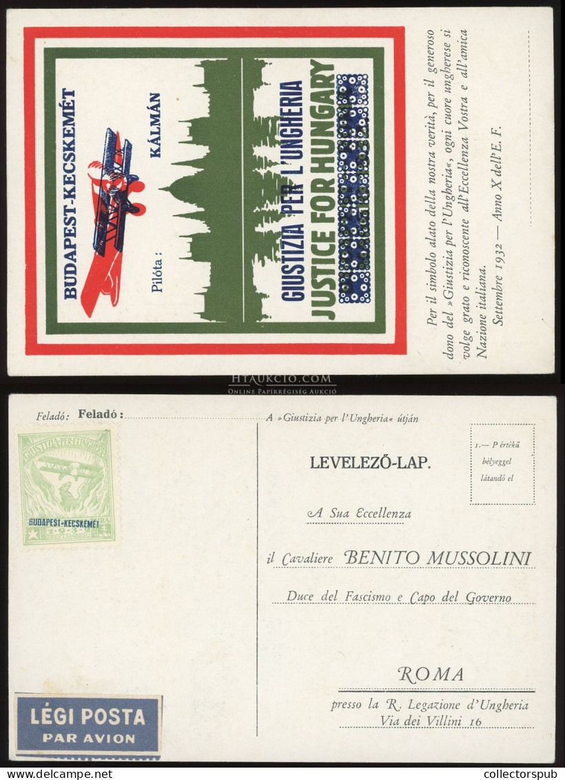 Justice For Hungary 1932. Légi Levlap Mussolininek Címezve - Hongrie