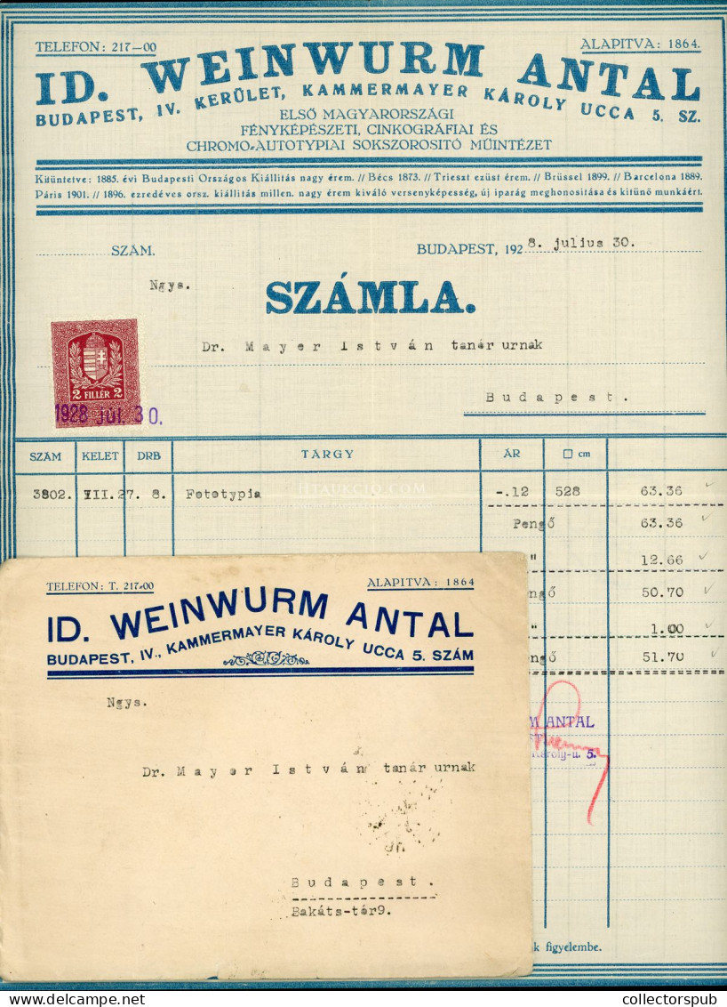 BUDAPEST 1928. Weinwurm Antal Fényképészeti Intézet, Postázott, Céges Számla - Oud (voor 1900)