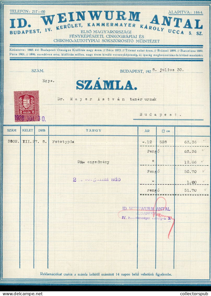 BUDAPEST 1928. Weinwurm Antal Fényképészeti Intézet, Postázott, Céges Számla - Old (before 1900)