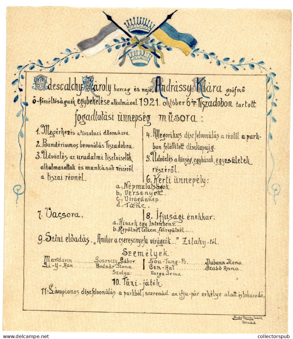 TISZADOB 1921. Herceg Odesalchy Károly és Andrássy Klára Grófnő Eskűvői Fogadtatási ünnepség, Kézzel Festett Program, Ri - Non Classés