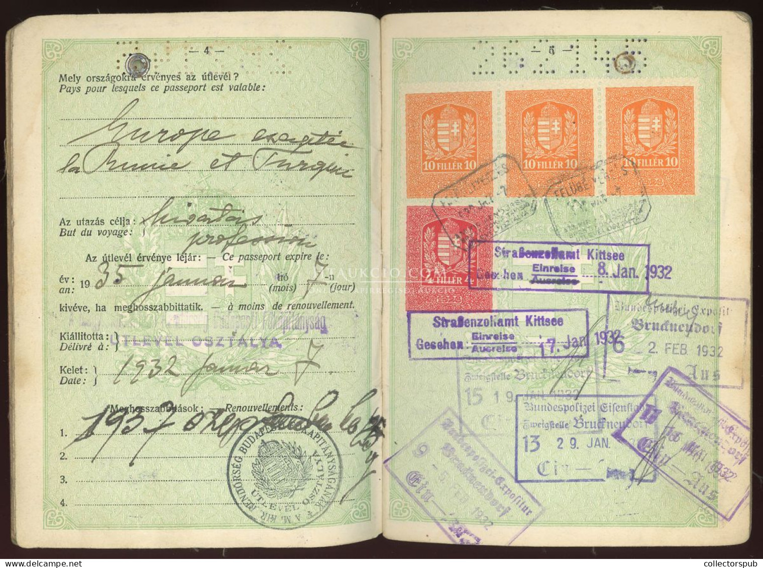 ÚTLEVÉL 1932.  Föld (Rosenfeld) Aurél újságíró, Fényképes útlevele 1937-ig Használva.passport - Ohne Zuordnung