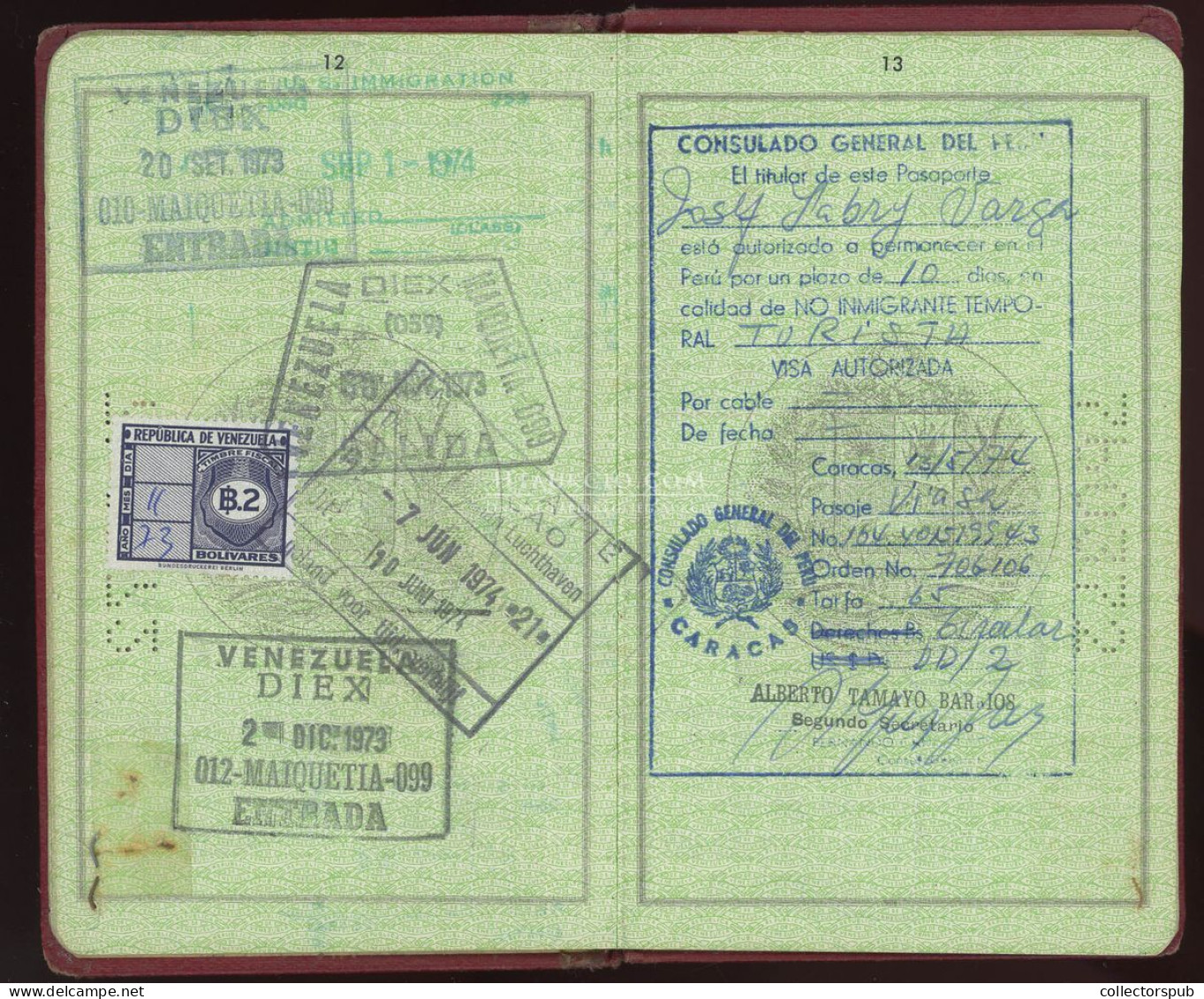 ÚTLEVÉL Fábry József jazzdobos, fotóriporter a LIFE magazin fotósa venezuelai útlevele 1973. passport