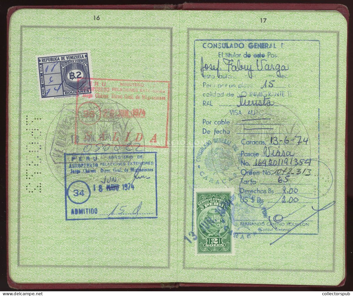 ÚTLEVÉL Fábry József jazzdobos, fotóriporter a LIFE magazin fotósa venezuelai útlevele 1973. passport