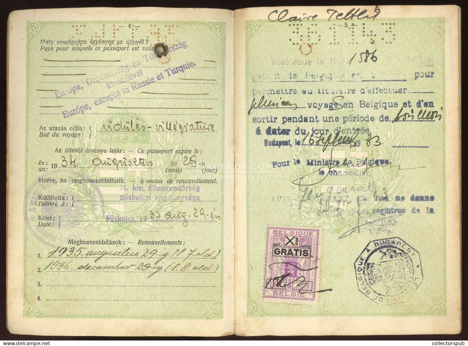 ÚTLEVÉL 1933. MISKOLC  Belga és Magyar Konzuli Illeték Bélyegekkel, Ritka Darab! Passport - Non Classés