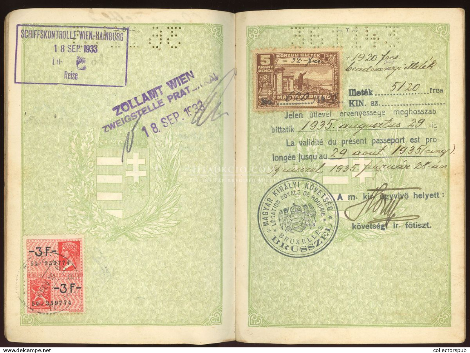 ÚTLEVÉL 1933. MISKOLC  Belga és Magyar Konzuli Illeték Bélyegekkel, Ritka Darab! Passport - Sin Clasificación