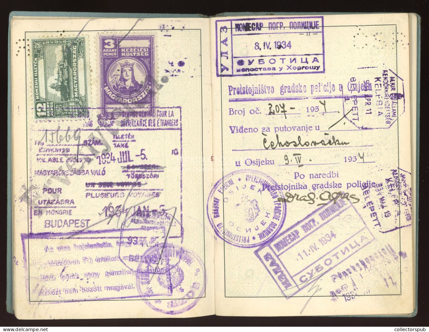 ÚTLEVÉL 1933. Csehszlovát útlevél, magyar személy részére, konzuli illetékbélyegekkel, érdekes darab! passport