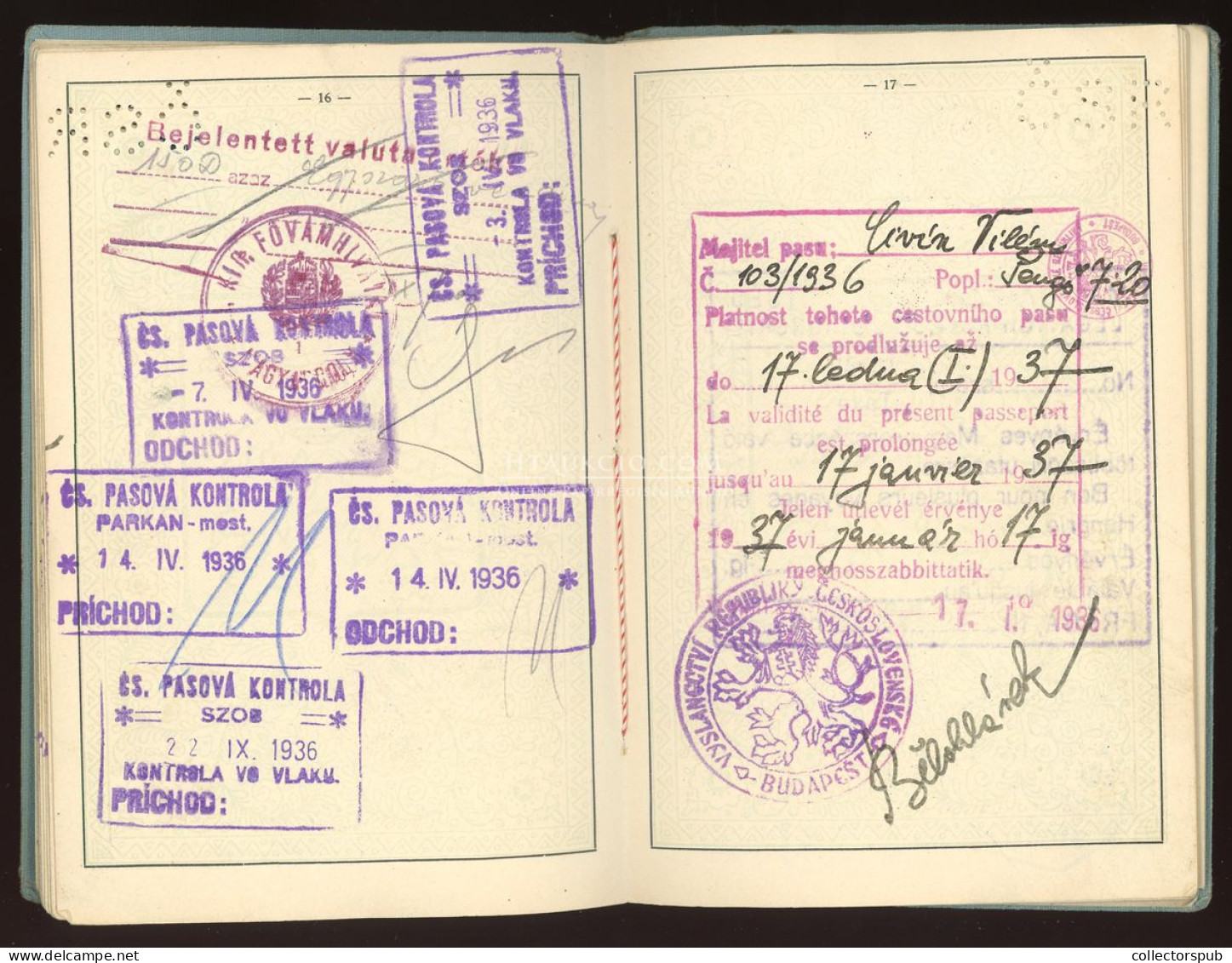 ÚTLEVÉL 1933. Csehszlovát útlevél, magyar személy részére, konzuli illetékbélyegekkel, érdekes darab! passport