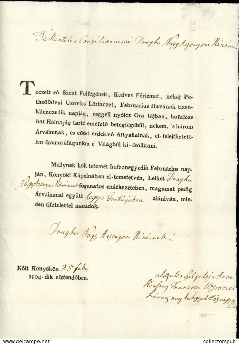 KÖNYÖK / Kynek Nyitra 1804. Dekoratív Gyászjelentés Besztercebányára Küldve, Uzovics, Zerdahelyi Család - ...-1867 Prephilately