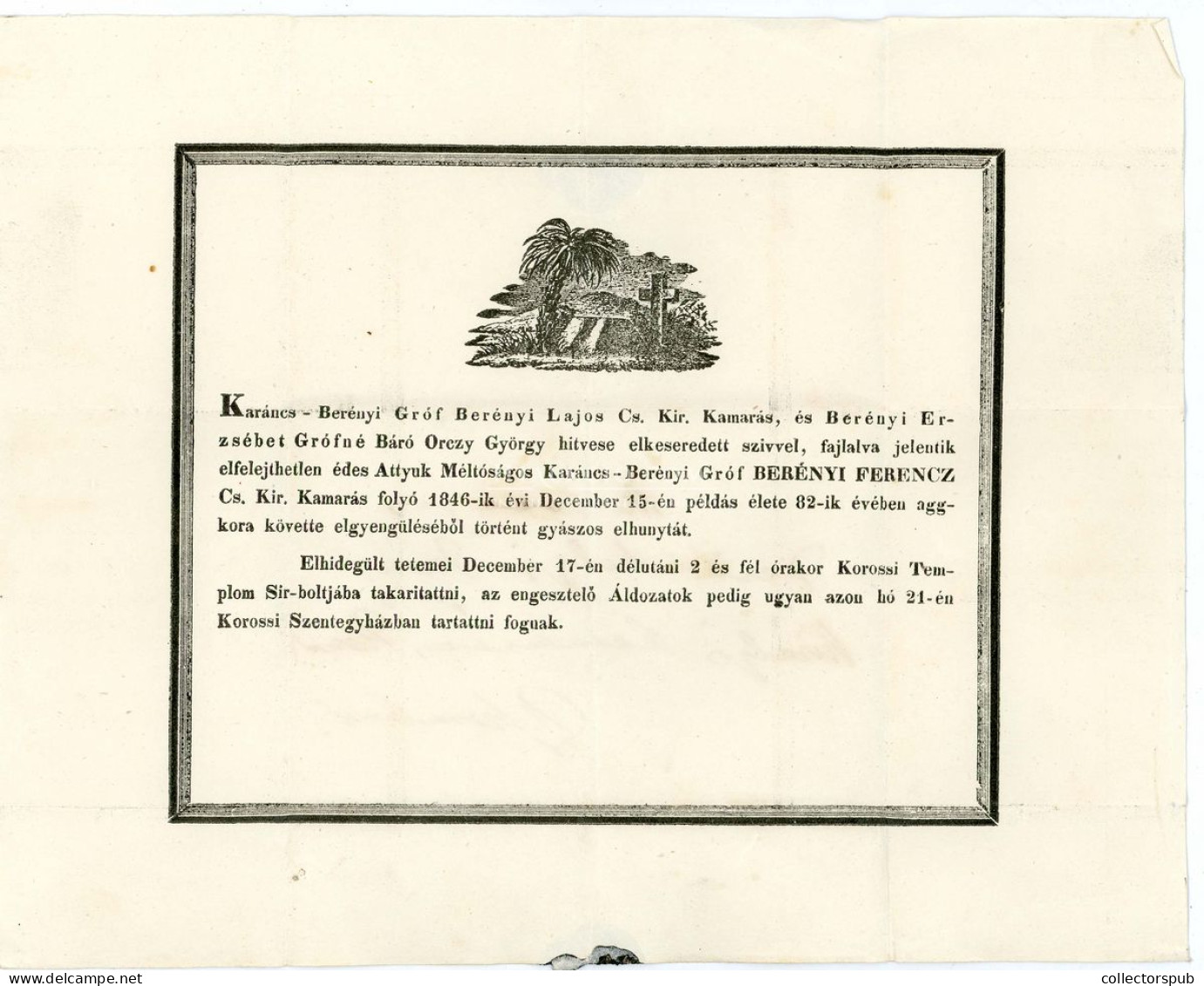 NYITRAKOROS 1846. Gróf Berényi Lajos Gyászjelentése Nagyszombatra Küldve Zerdahelyi Józsefnek - ...-1867 Préphilatélie