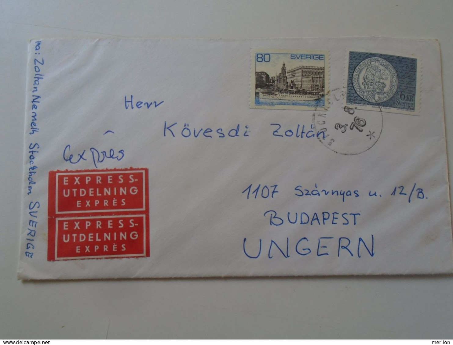 D199150   Sweden  Express  Cover  1976 - Stockholm    Sent To Hungary    Stamp Coin - Briefe U. Dokumente
