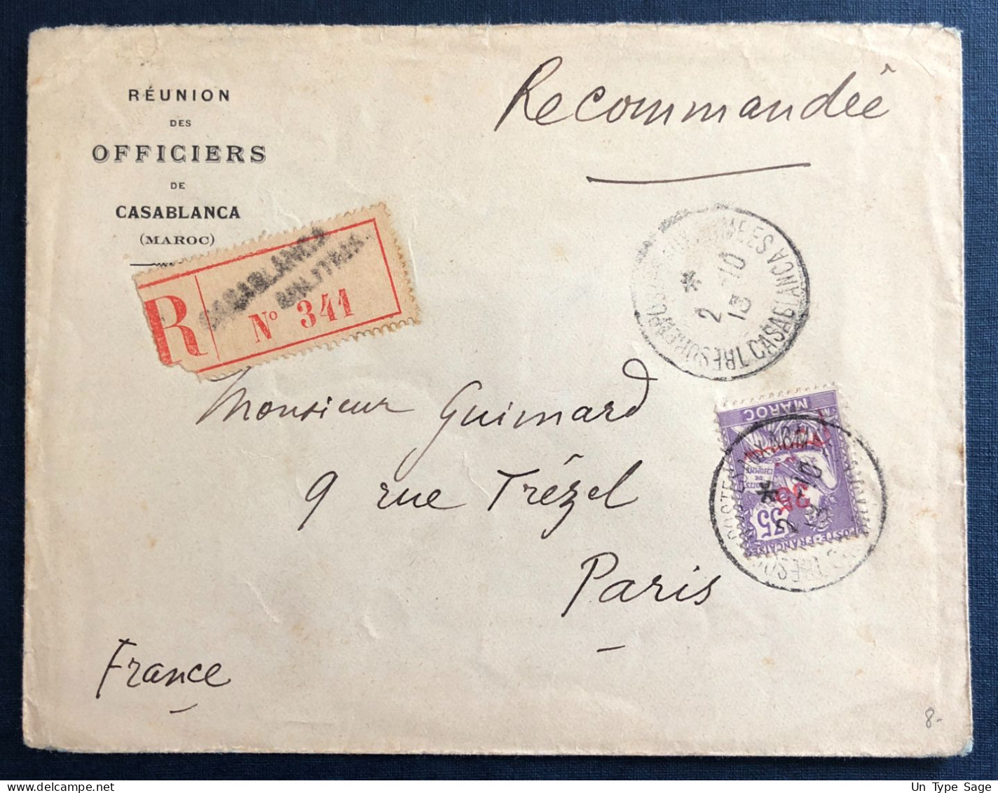 Maroc, Divers Sur Enveloppe Recommandée TAD Trésor Et Postes Aux Armées Casablanca 2.10.1913 - (B3180) - Covers & Documents