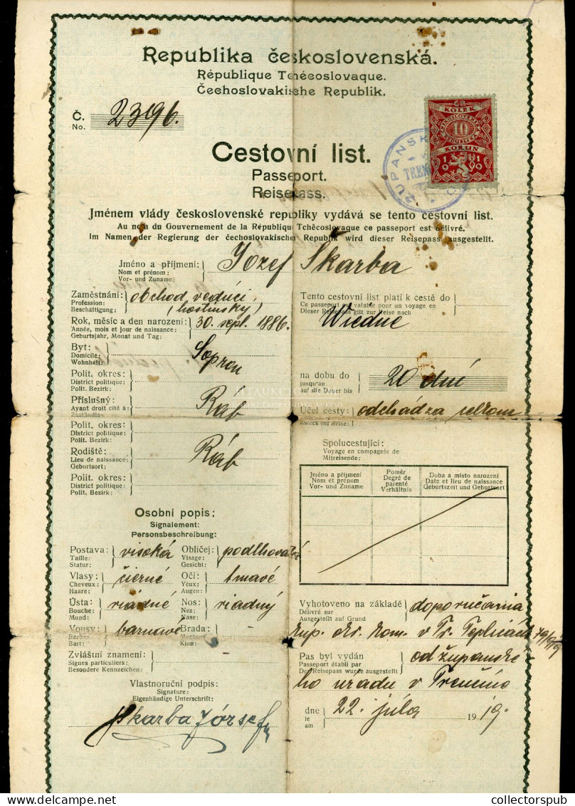 TRENCSÉN  1919.08. Ritka Fényképes útlevél, Magyar Személy Részére R! SLOVAKIA / HUNGARY - Historical Documents