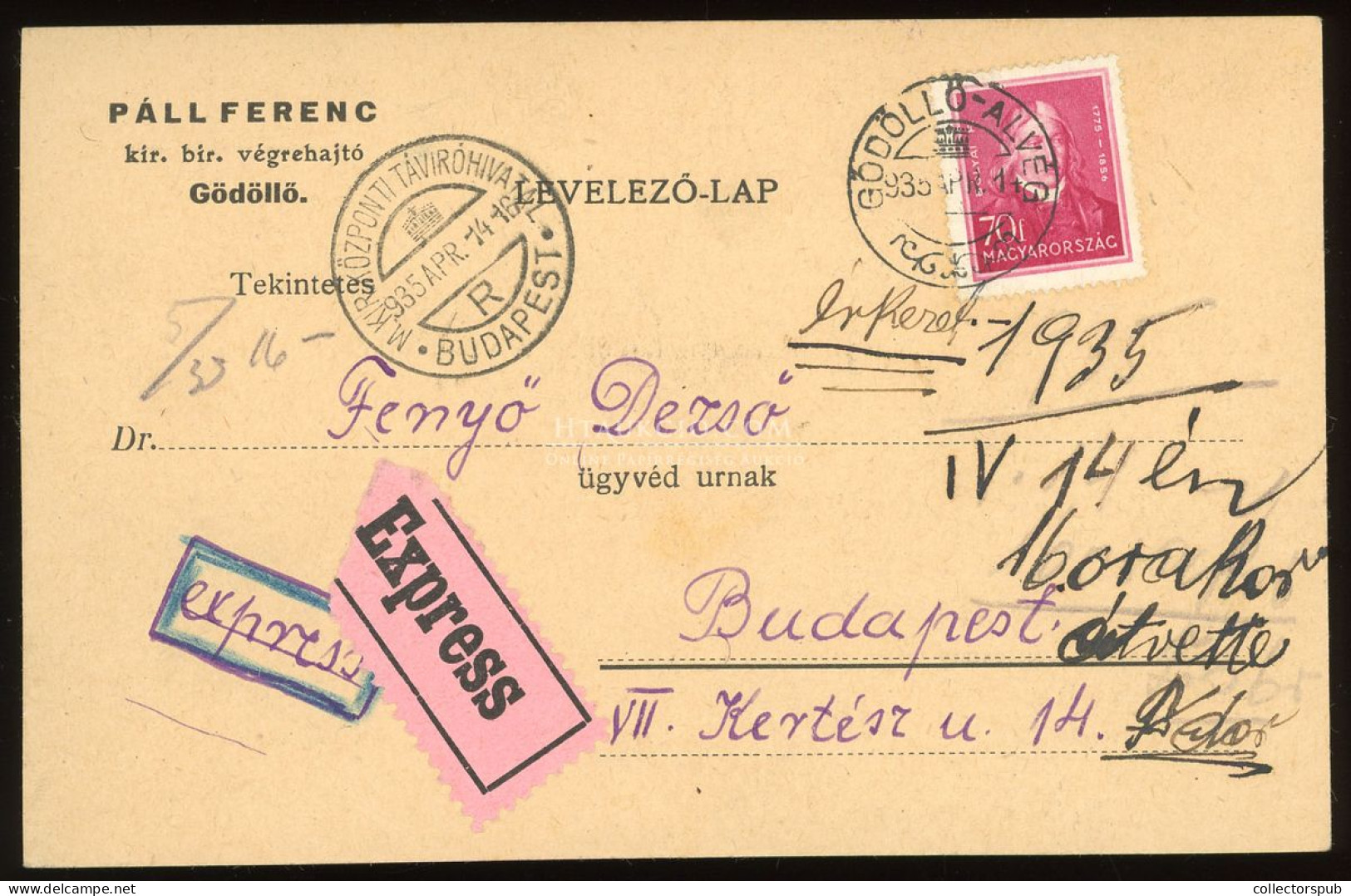 GÖDÖLLŐ-ALVÉG 1935. Végrehajtó, Expressz Levlap Budapestre Küldve - Used Stamps