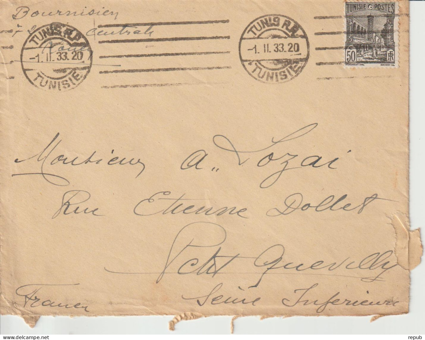 Tunisie Lettre 1933 Pour La France Rouen Oblit. Tunis RP - Brieven En Documenten