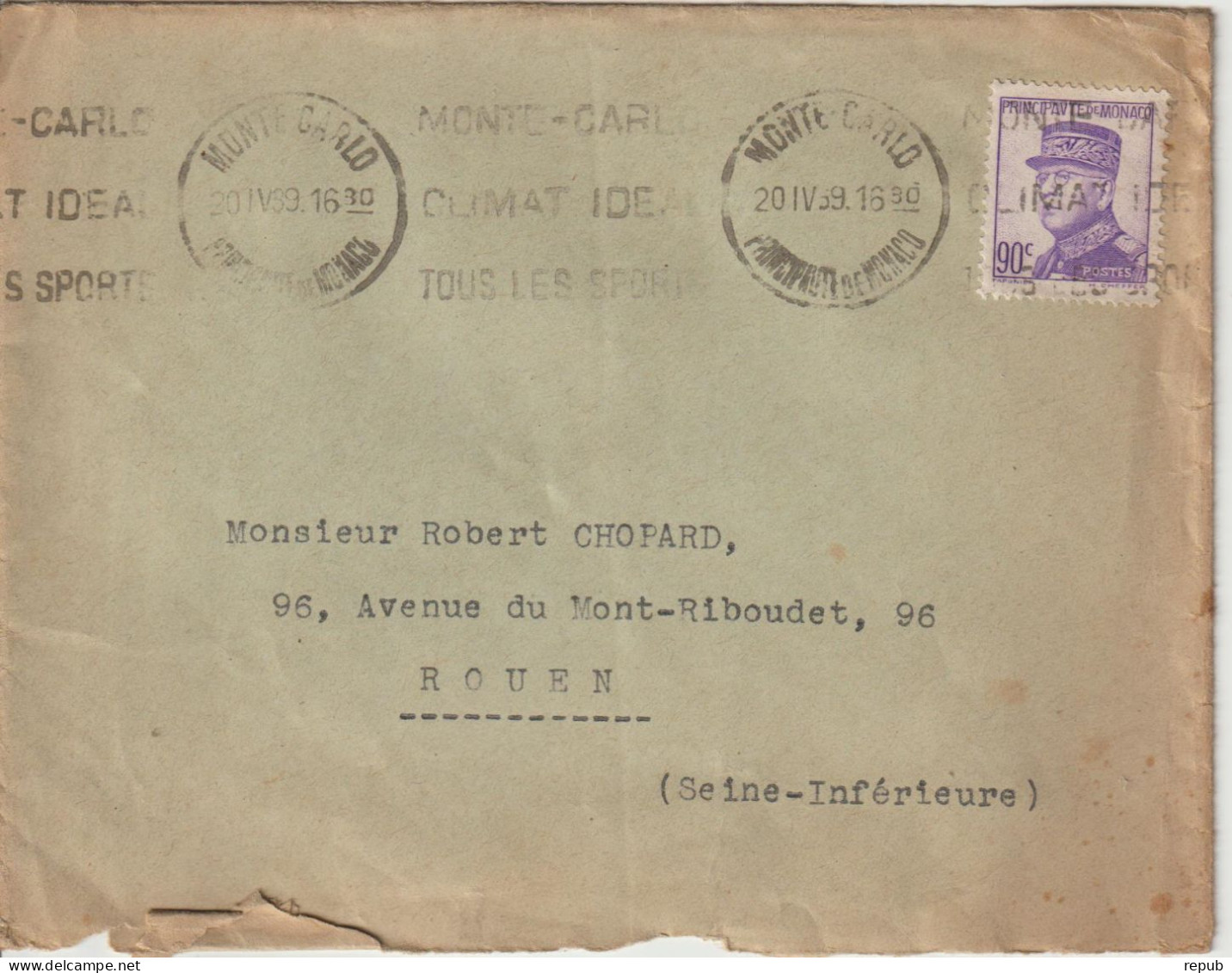 Monaco 1939 Lettre Pour La France Rouen - Briefe U. Dokumente
