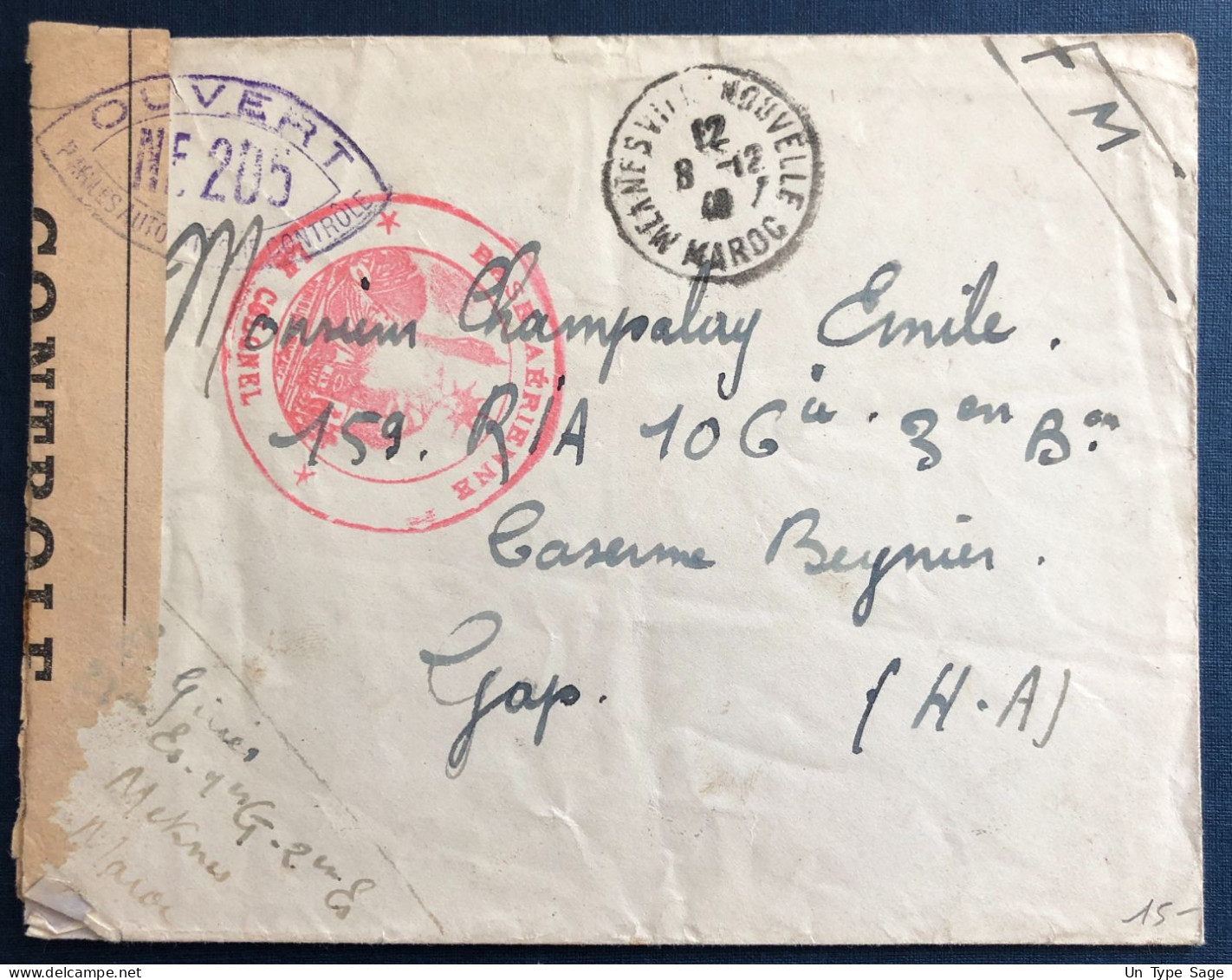 Maroc, Sur Enveloppe TAD MEKNES VILLE NOUVELLE 8.12.1940 + Censure - (B3241) - Briefe U. Dokumente