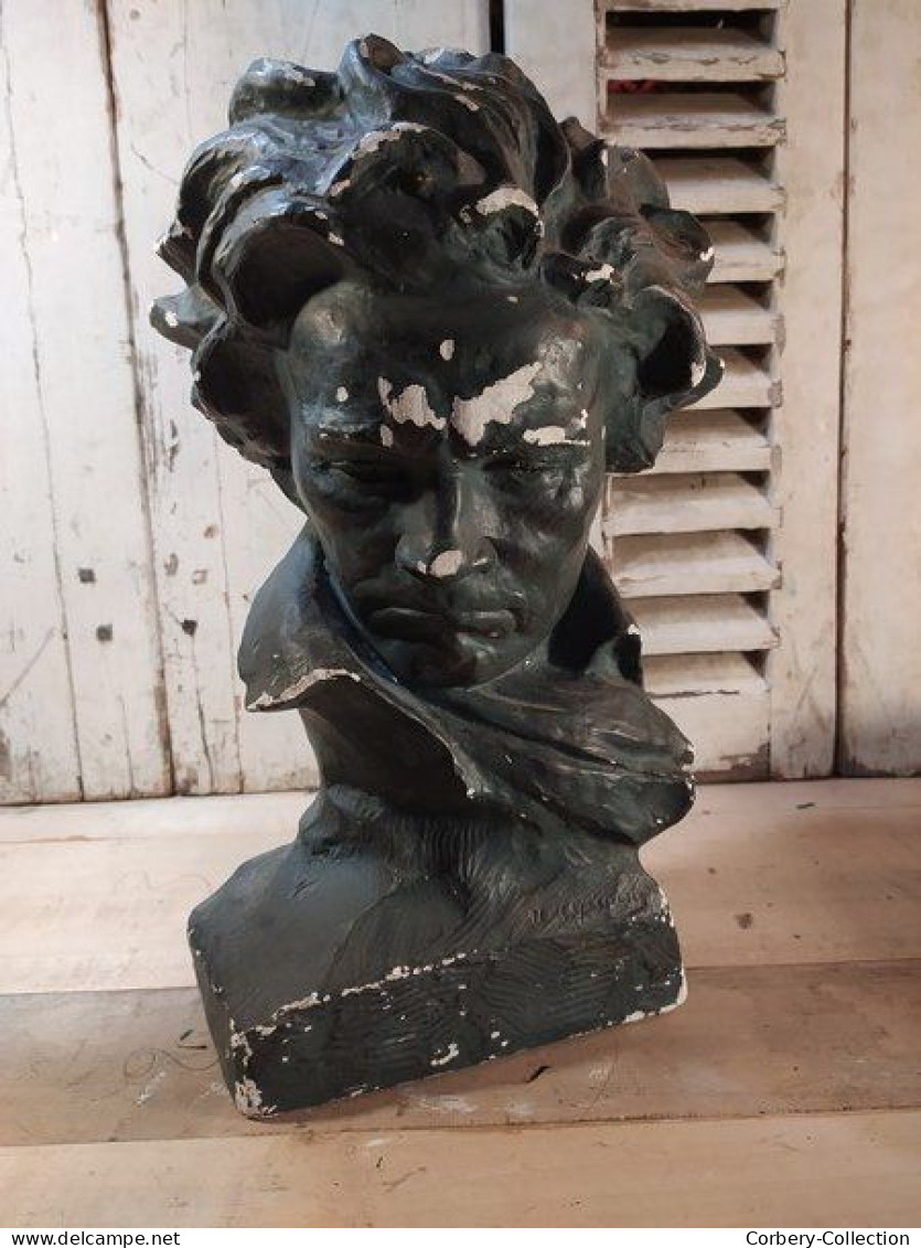 Ancienne Sculpture Buste De Beethoven Signé Cipriani - Gips