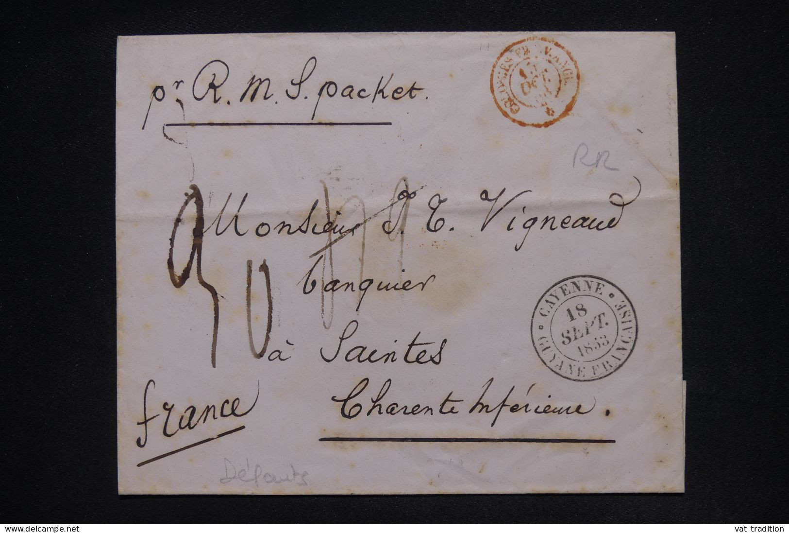 GUYANE - Enveloppe Cachetée,  De Cayenne Pour La France En 1853 - L 147869 - Storia Postale