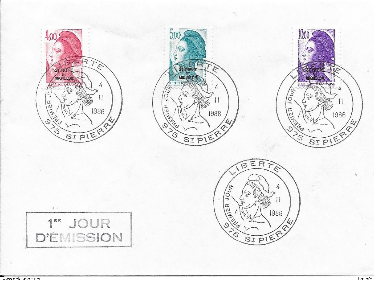 1er JOUR D'ÉMISSION - 4-II-1986 LIBERTÉ - 975 St PIERRE - Cartas & Documentos