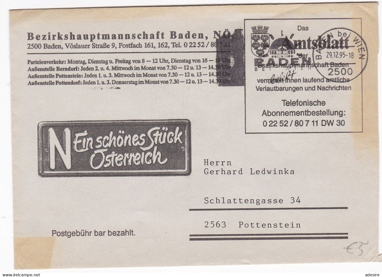 ÖSTERREICH - Firmenbrief Bezirkshauptmannschaft Baden NÖ - Das Amtsblatt Baden - Enveloppes