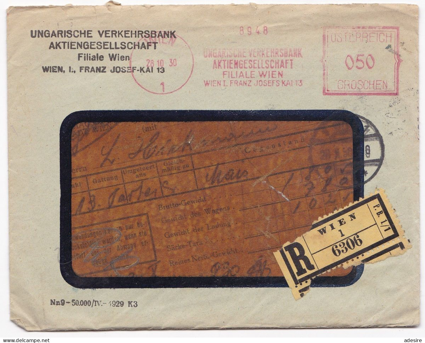 ÖSTERREICH 1930 - R-Firmenbrief Der Ungarischen Verkehrsbank AG, Brief Mit 050 Gro Wertaufdruck Mit Inhalt (4 Belege ... - Enveloppes