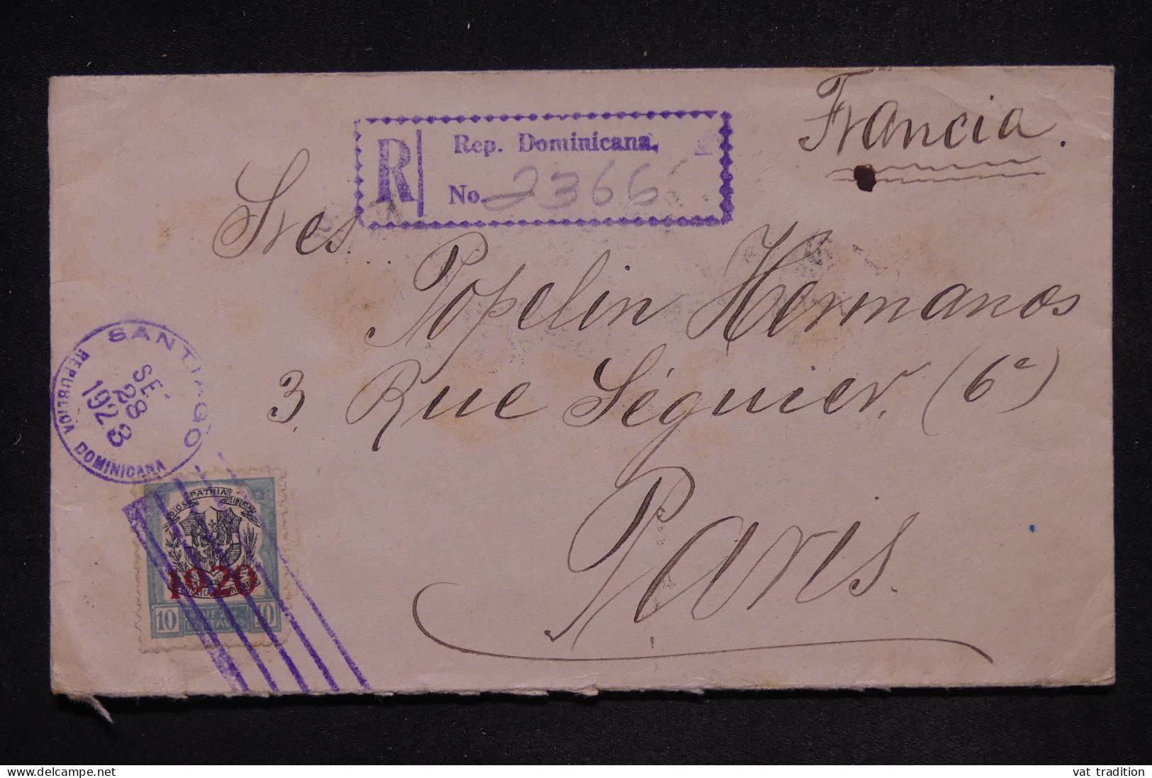 DOMINICAINE - Enveloppe En Recommandé De Santiago Pour Paris En 1923, Affranchissement Surchargé - L 147885 - Dominicaine (République)