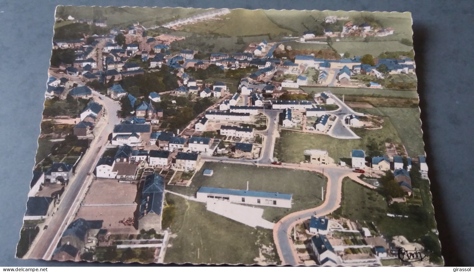 CPSM AUBANGE BELGIQUE PROVINCE LUXEMBOURG VUE GENERALE AERIENNE ED CIM STADE SATDIUM ? - Aubange