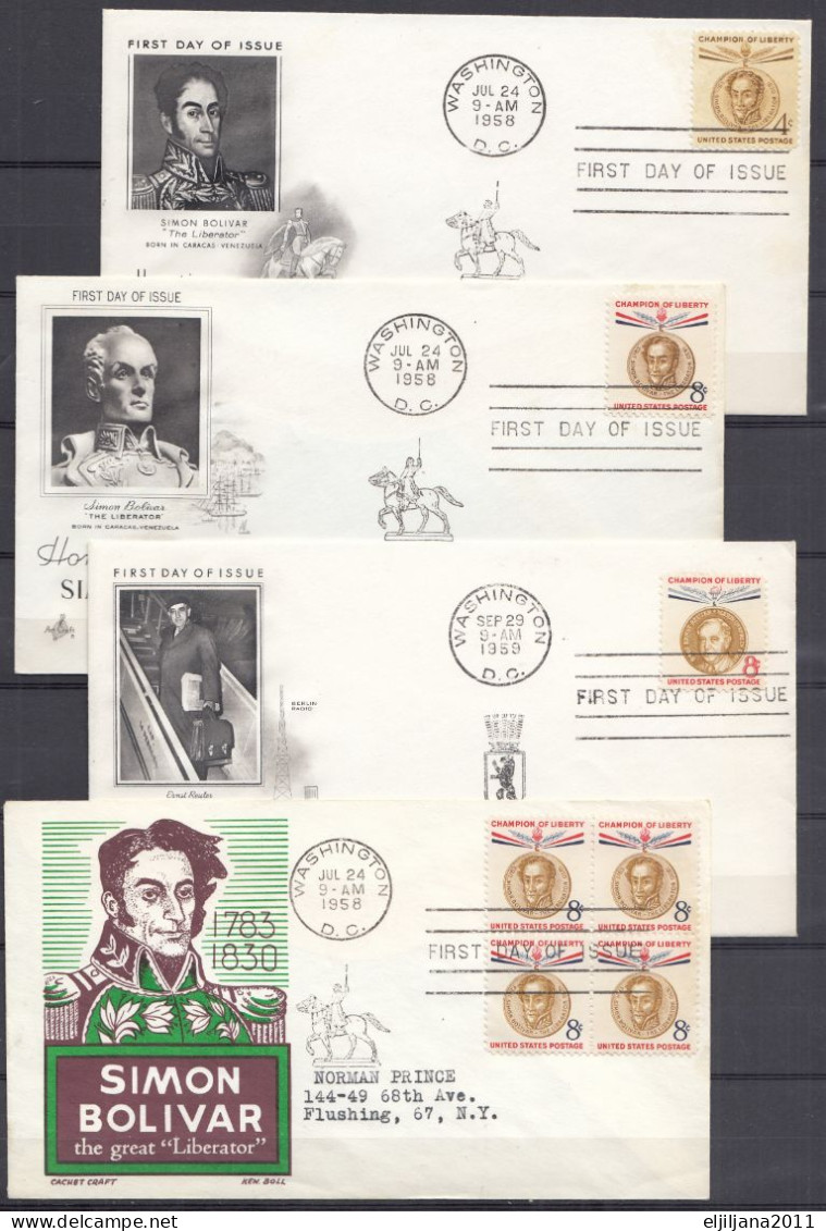 Action !! SALE !! 50 % OFF !! ⁕ USA 1958 & 1959 ⁕ SIMON BOLIVAR & ERNST REUTER 4c & 8c ⁕ 4v FDC Covers WASHINGTON - 1951-1960