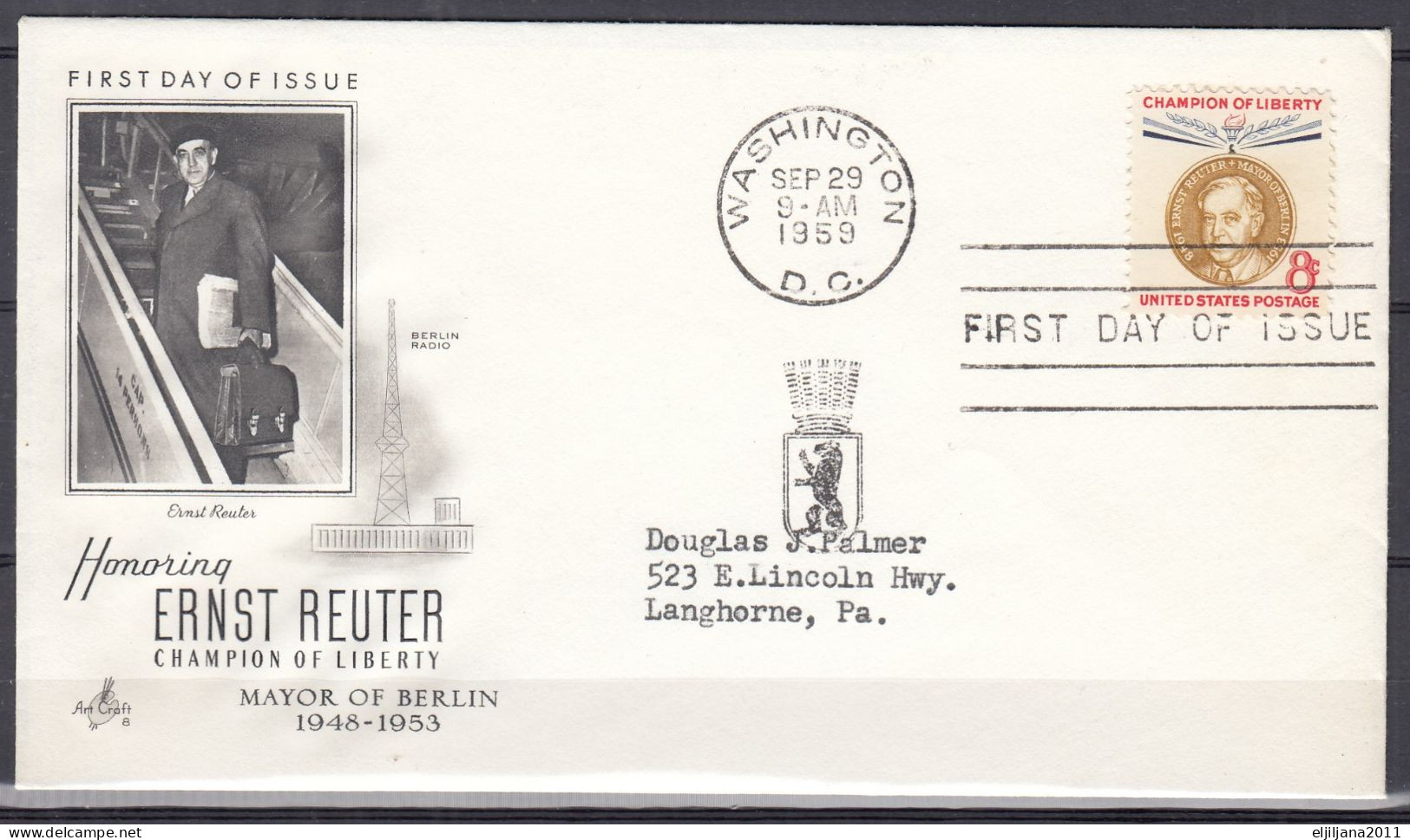 Action !! SALE !! 50 % OFF !! ⁕ USA 1958 & 1959 ⁕ SIMON BOLIVAR & ERNST REUTER 4c & 8c ⁕ 4v FDC Covers WASHINGTON - 1951-1960