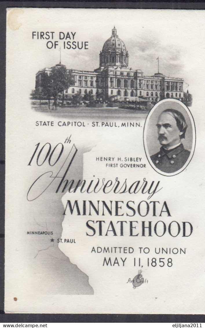 Action !! SALE !! 50 % OFF !! ⁕ USA 1958 ⁕ Minnesota Statehood 1858 - 1958 ⁕ FDC Cover SAINT PAUL - 1951-1960