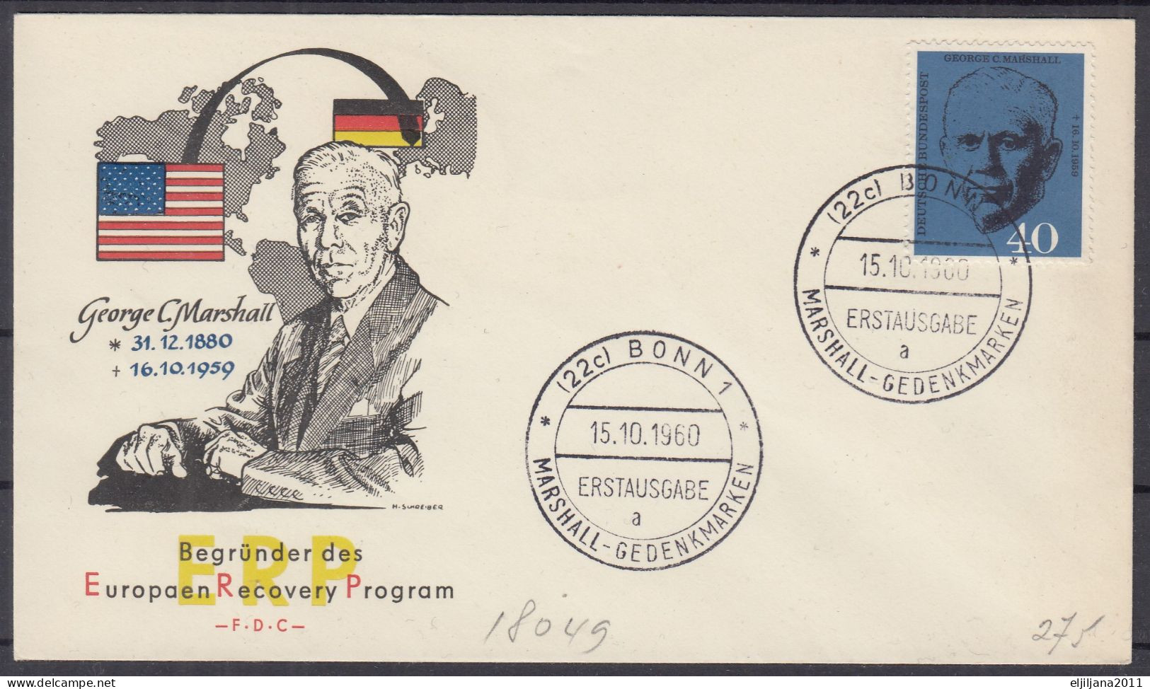 Action !! SALE !! 50 % OFF !! ⁕ Germany 1960 ⁕ Death Anniversary Of George C. Marshall ⁕ FDC Cover BONN - 1948-1960