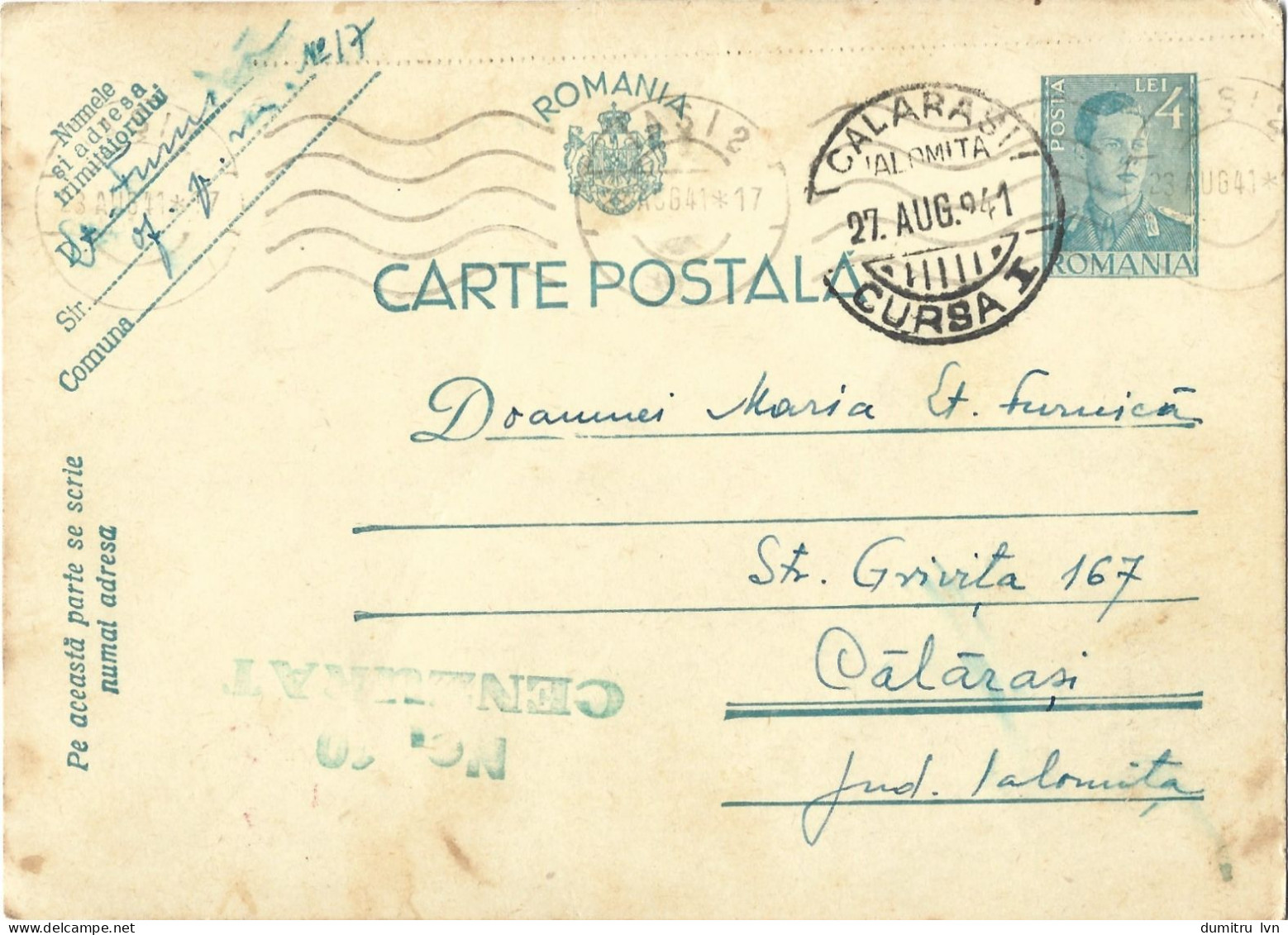 ROMANIA 1941 POSTCARD, CENSORED NO.10 POSTCARD STATIONERY - World War 2 Letters