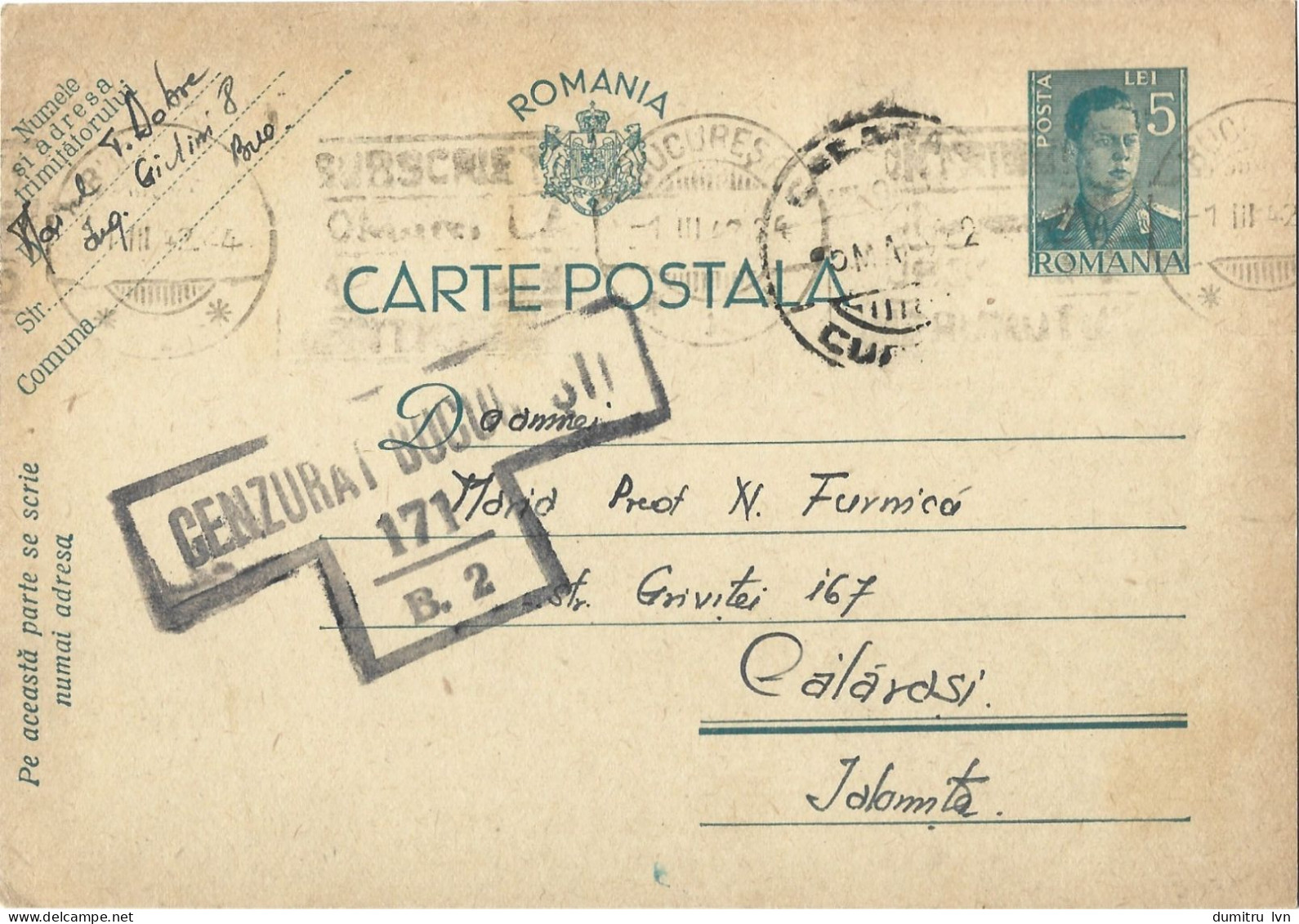 ROMANIA 1942 POSTCARD, CENSORED BUCURESTI 171 POSTCARD STATIONERY - World War 2 Letters