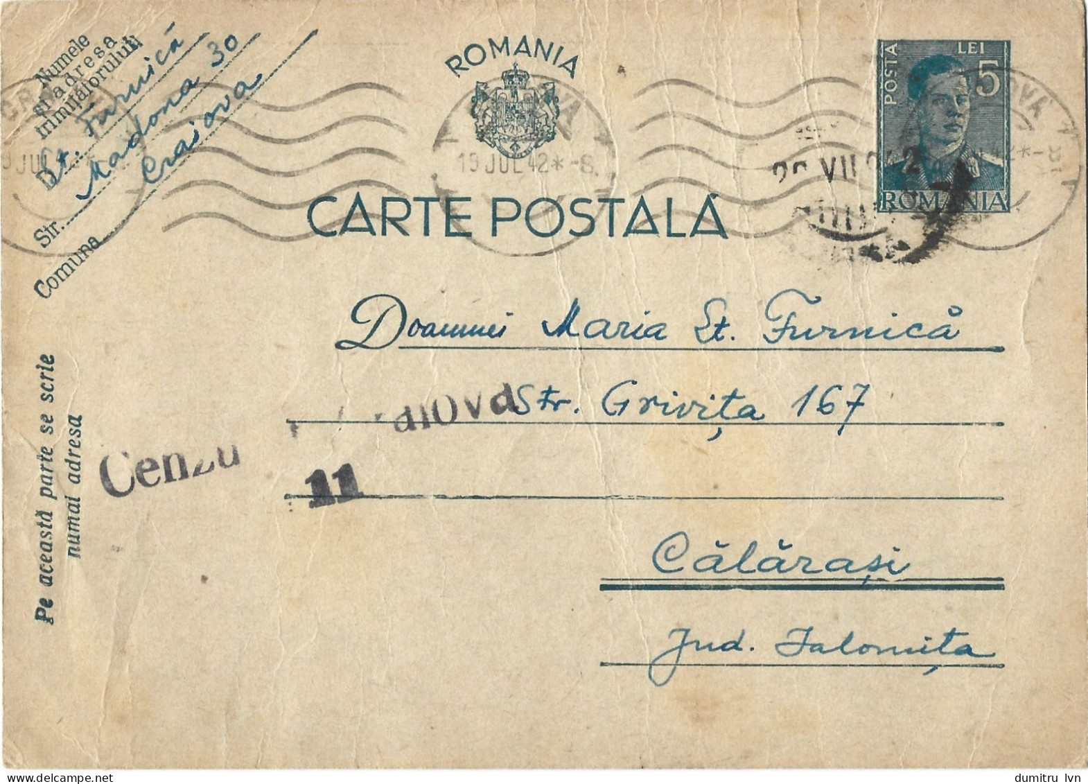 ROMANIA 1942 POSTCARD, CENSORED CRAIOVA 11 POSTCARD STATIONERY - 2de Wereldoorlog (Brieven)