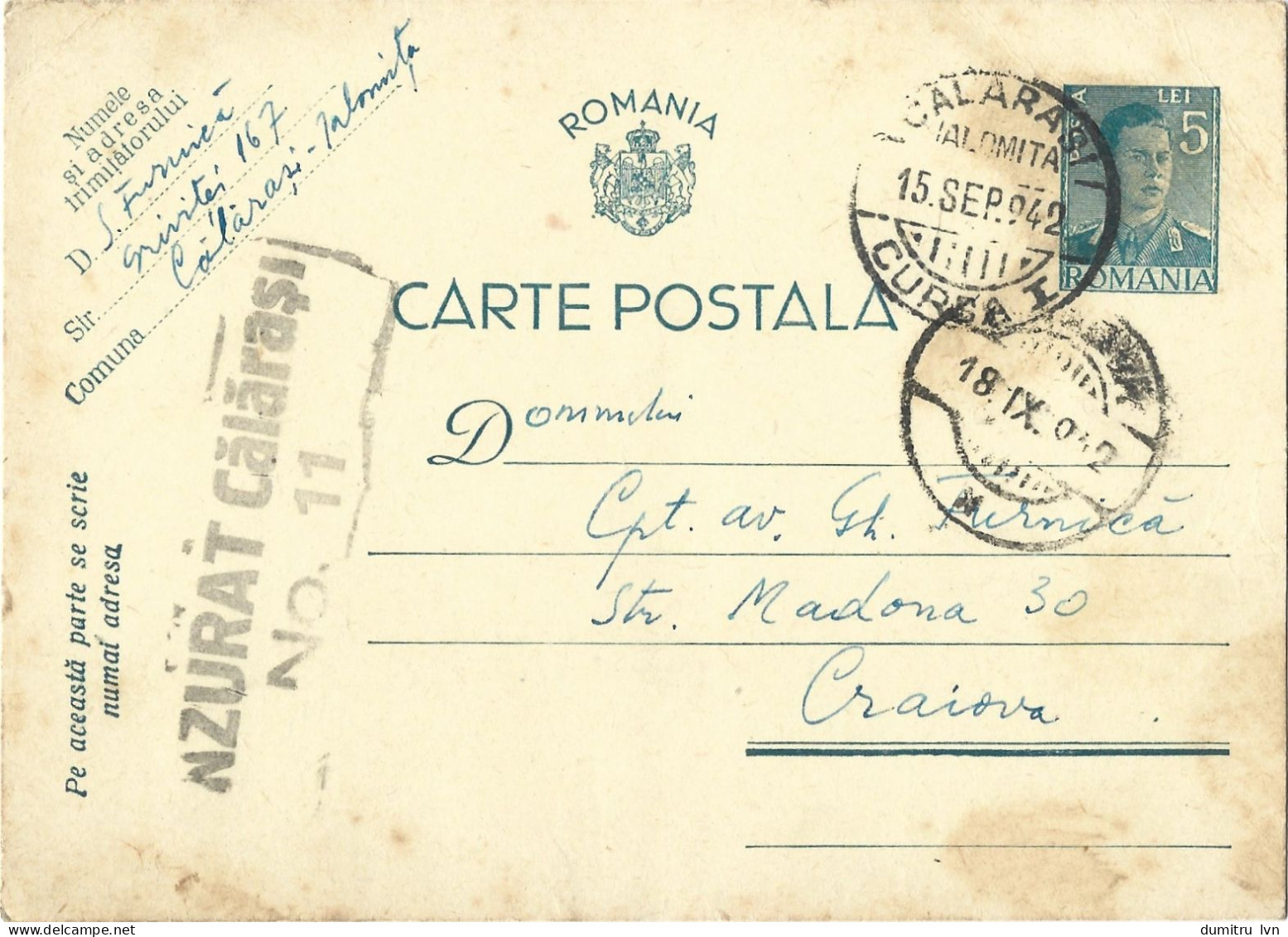 ROMANIA 1942 POSTCARD, CENSORED CALARASI NO.11 POSTCARD STATIONERY - 2. Weltkrieg (Briefe)