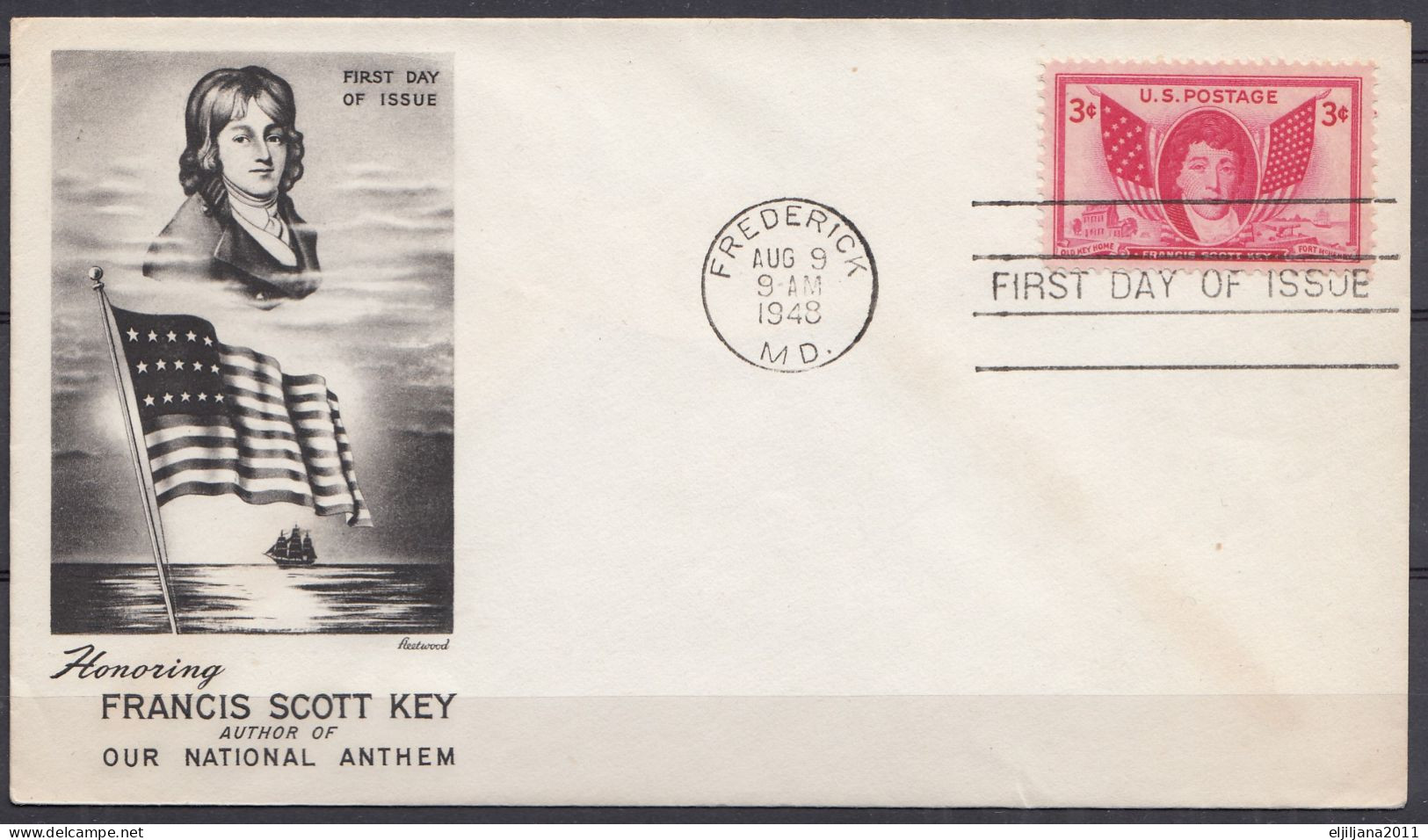 Action !! SALE !! 50 % OFF !! ⁕ USA 1948 Frederick MD. ⁕ FRANCIS SCOTT KEY 3c. ⁕ FDC Cover - 1941-1950