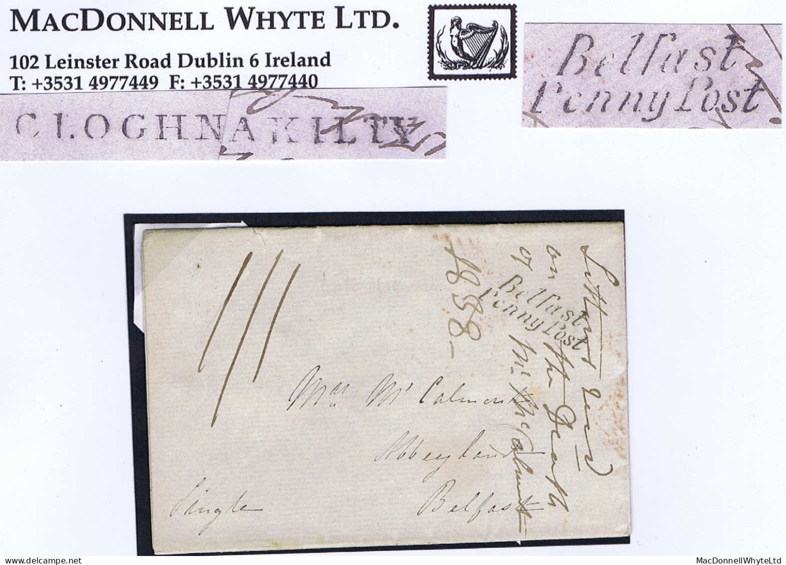 Ireland Cork Belfast Antrim 1838 Lettersheet To Abbeylands With CLOGHNAKILTY And Italic "Belfast/Penny Post" - Préphilatélie