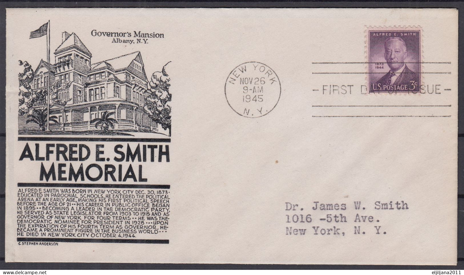 Action !! SALE !! 50 % OFF !! ⁕ USA 1945 New York  ALFRED E. SMITH Memorial 3c.  2v FDC Covers - 1941-1950