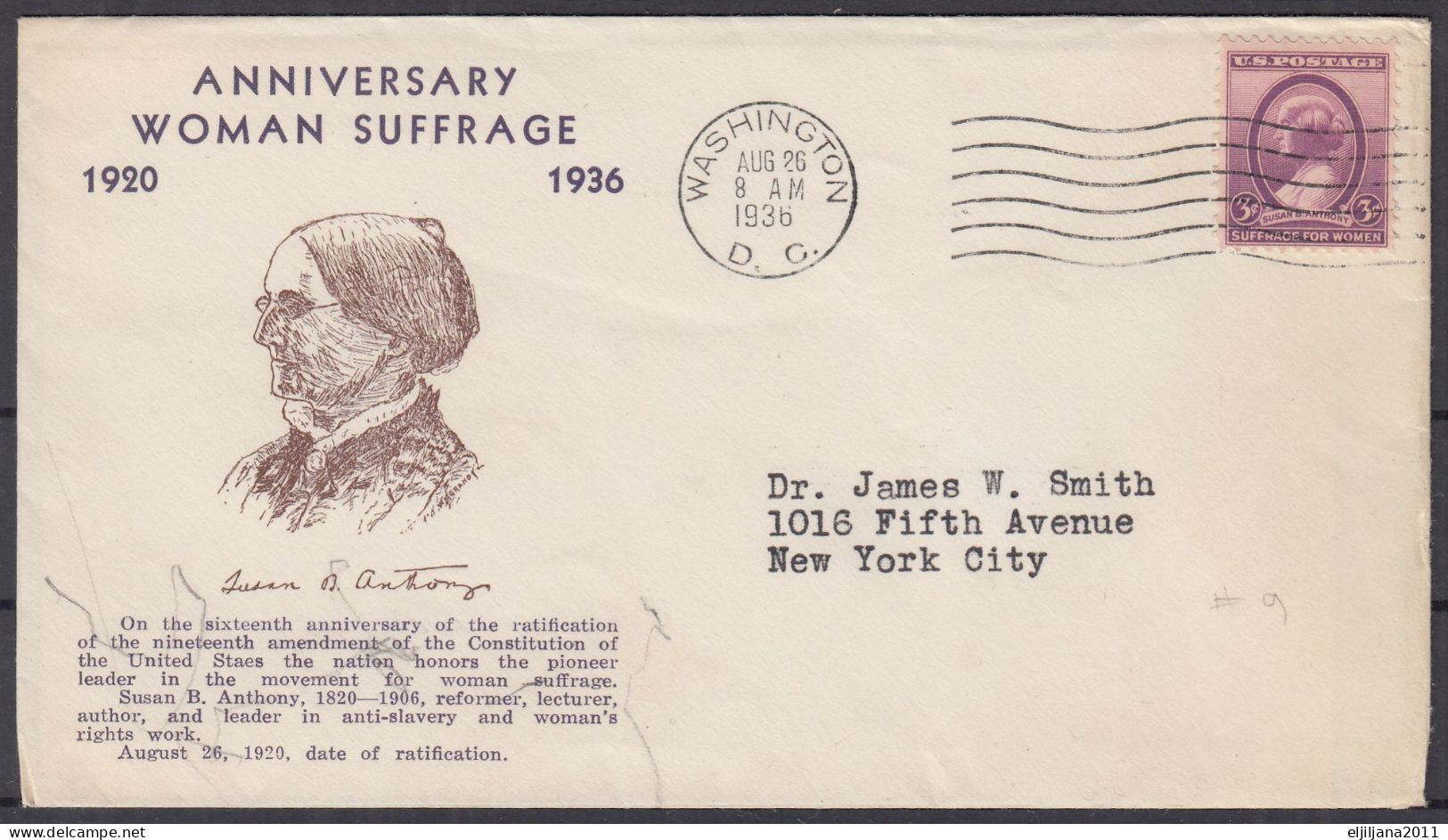 Action !! SALE !! 50 % OFF !! ⁕ USA 1936 Washington ⁕ Anniversary WOMAN SUFFRAGE 3c. Susan B Anthony ⁕ FDC Cover - 1851-1940