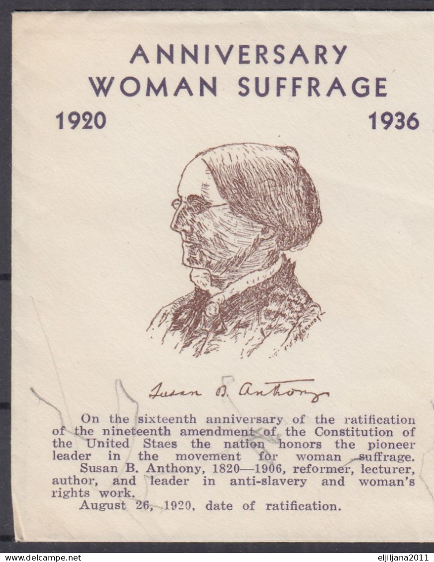 Action !! SALE !! 50 % OFF !! ⁕ USA 1936 Washington ⁕ Anniversary WOMAN SUFFRAGE 3c. Susan B Anthony ⁕ FDC Cover - 1851-1940