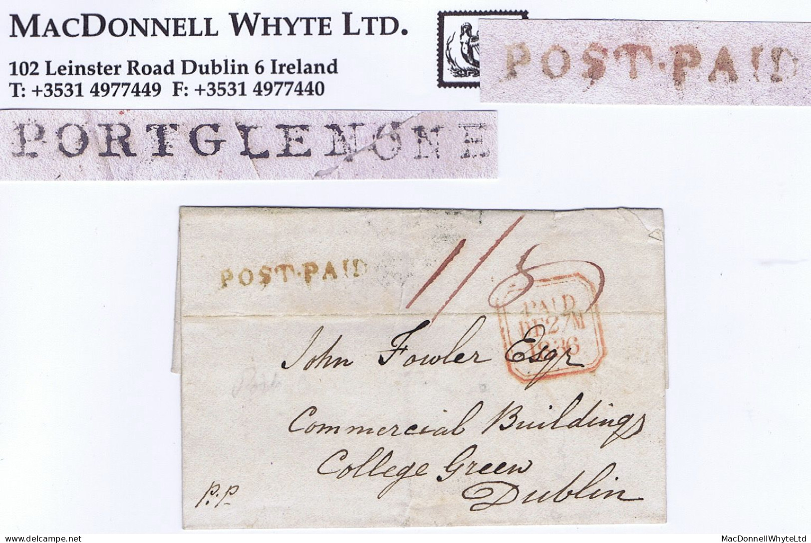 Ireland  Antrim 1836 Masonic Cover To Dublin Prepaid "1/8" Double, With POST-PAID And Matching PORTGLENONE - Prefilatelia