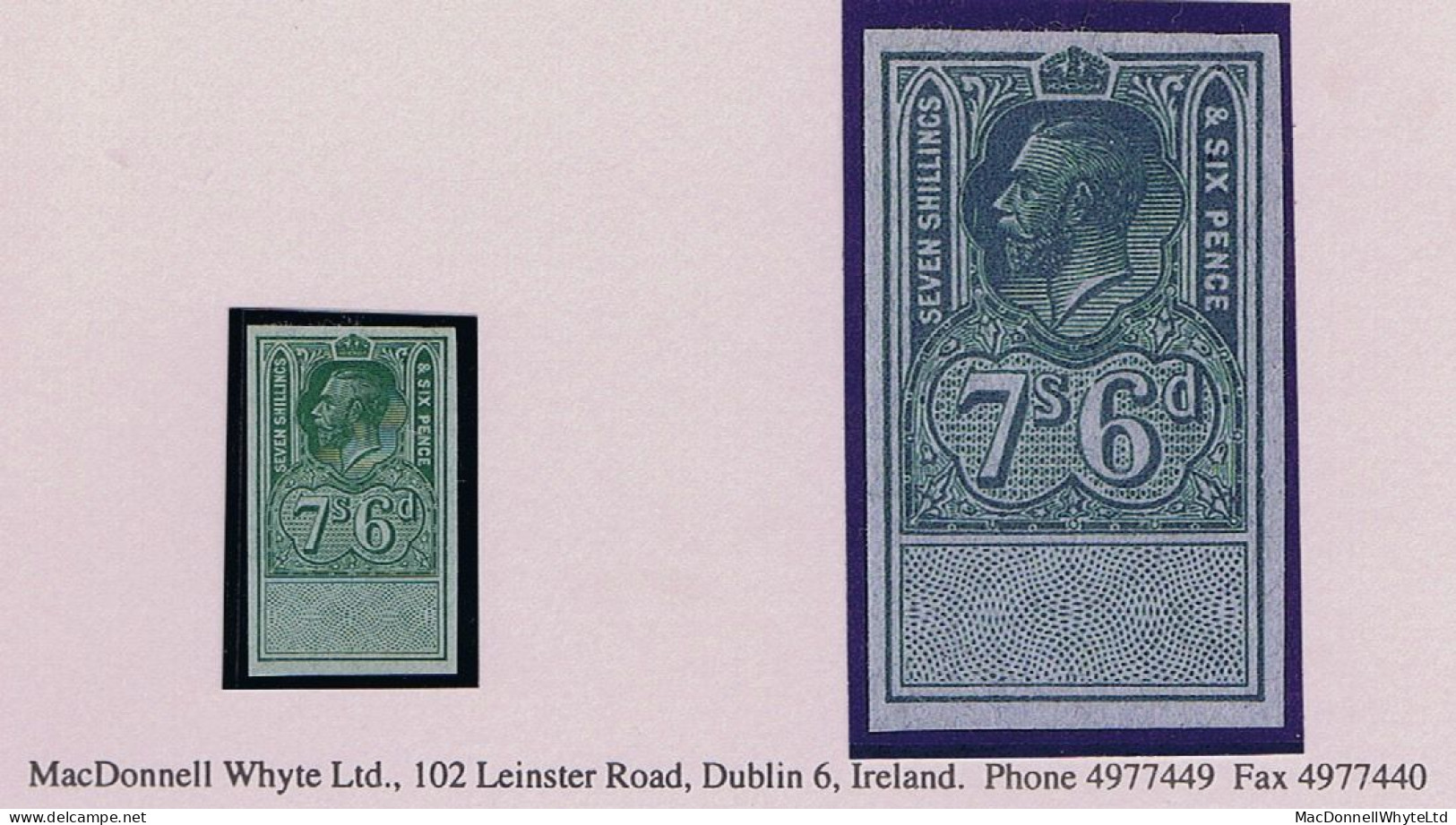 Great Britain Revenues 1917 George V Unappropriated 7s 6d Plate Proof In Green On Rough Bluish Paper - Revenue Stamps