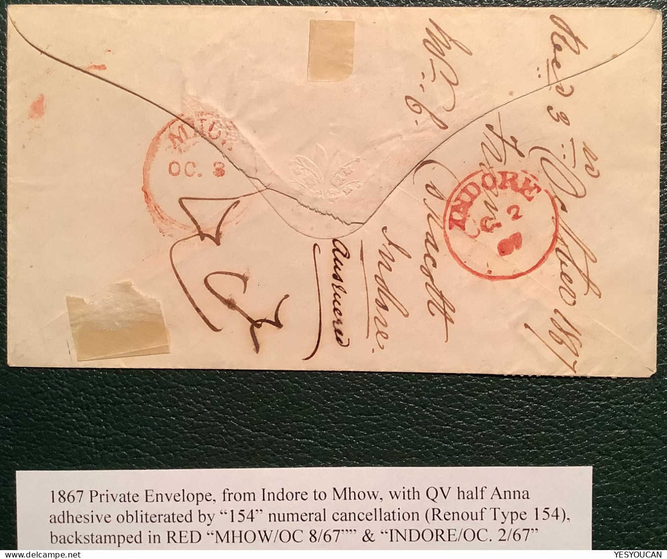 Scarce INDORE + 154 Duplex 1867 (state Of Madhya Pradesh India)on Queen Victoria Cover>Mhow (cover Lettre Indian States - 1858-79 Compañia Británica Y Gobierno De La Reina