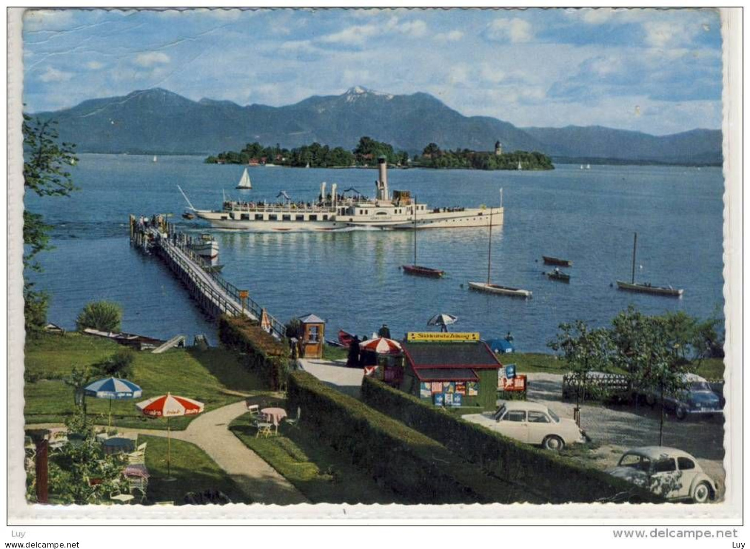 DER CHIEMSEE - FAHRGASTSCHIFF Raddampfer, Schiff, Ship, Navire,  Blick Zur Fraueninsel (Werbebanner Süddeutsche Zeitung - Chiemgauer Alpen